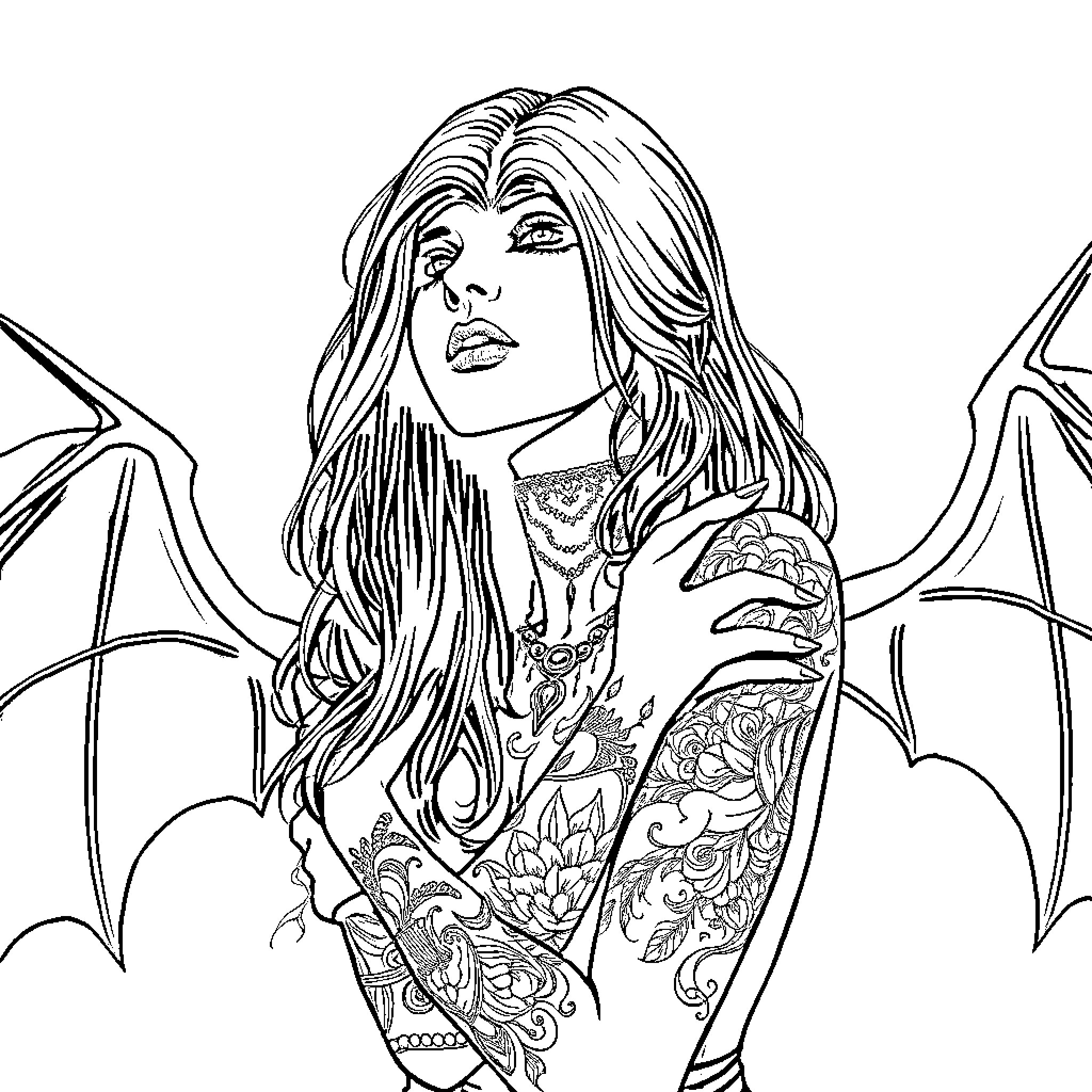 Vampire with intricate tattoos and flowing hair Coloring Page (free black-and-white line drawing printable PDF for all, from beginners to advanced learners, including children, teens, adults, and seniors)