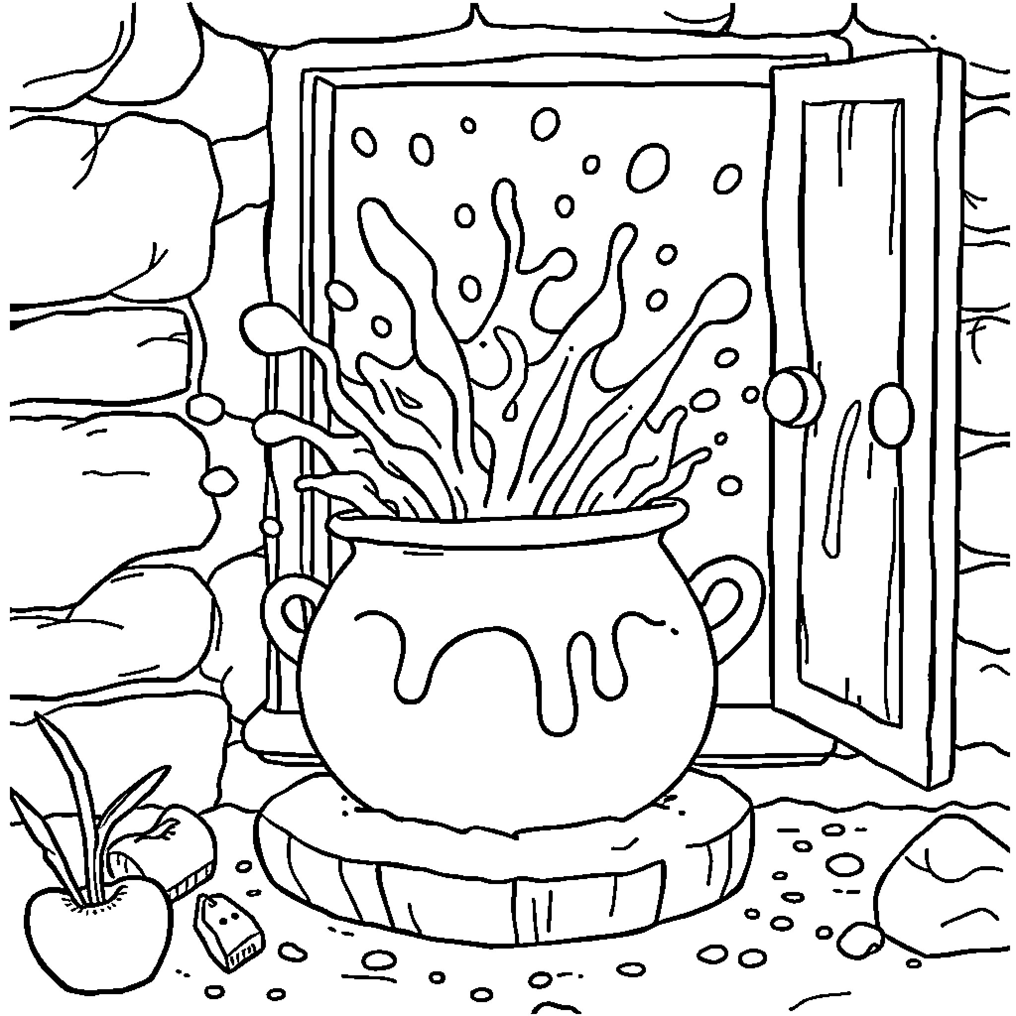 Porridge Pot Bubbling with Life Coloring Page (free black-and-white line drawing printable PDF for all, from beginners to advanced learners, including children, teens, adults, and seniors)