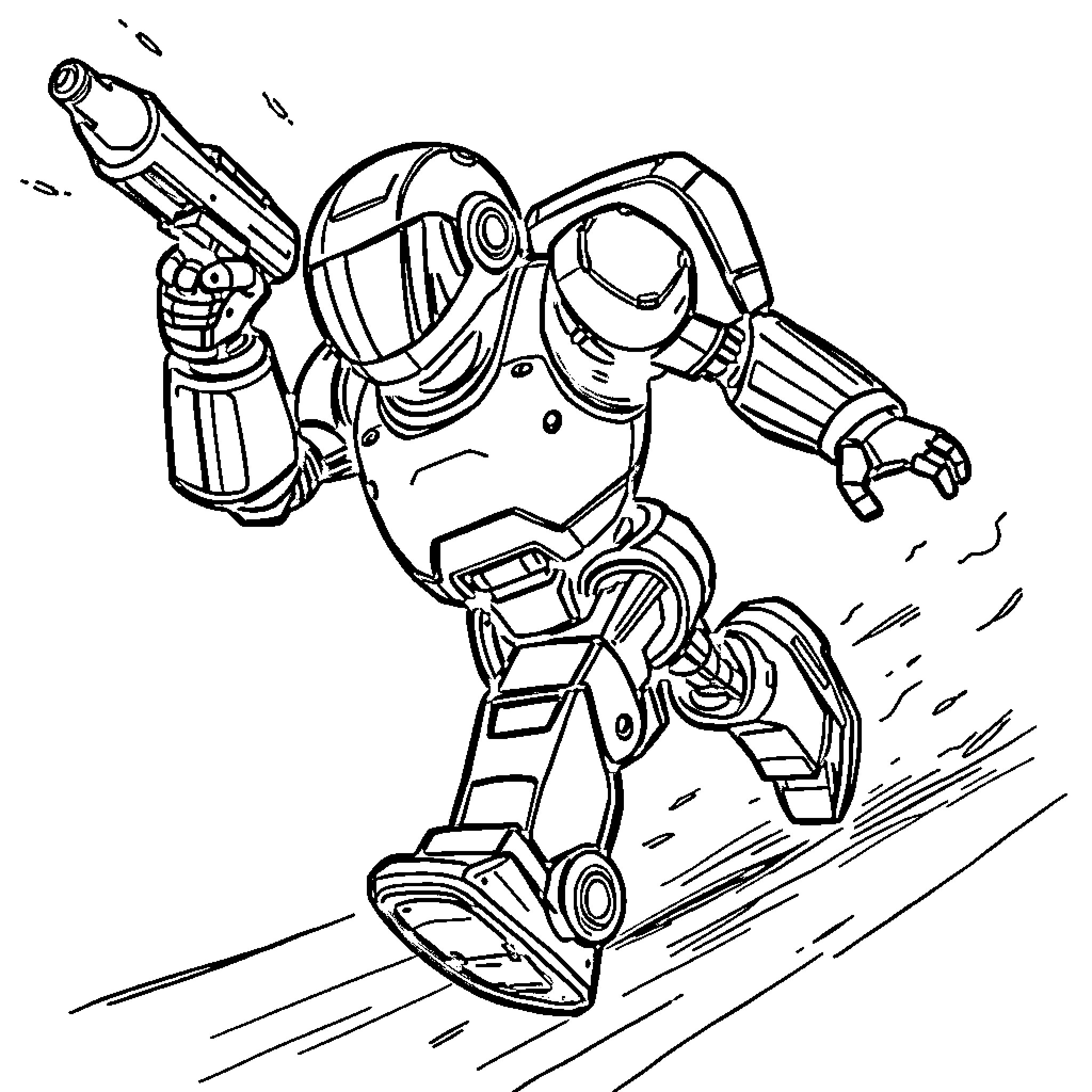 Robot Blasting Through the Scene Coloring Page (free black-and-white line drawing printable PDF for all, from beginners to advanced learners, including children, teens, adults, and seniors)
