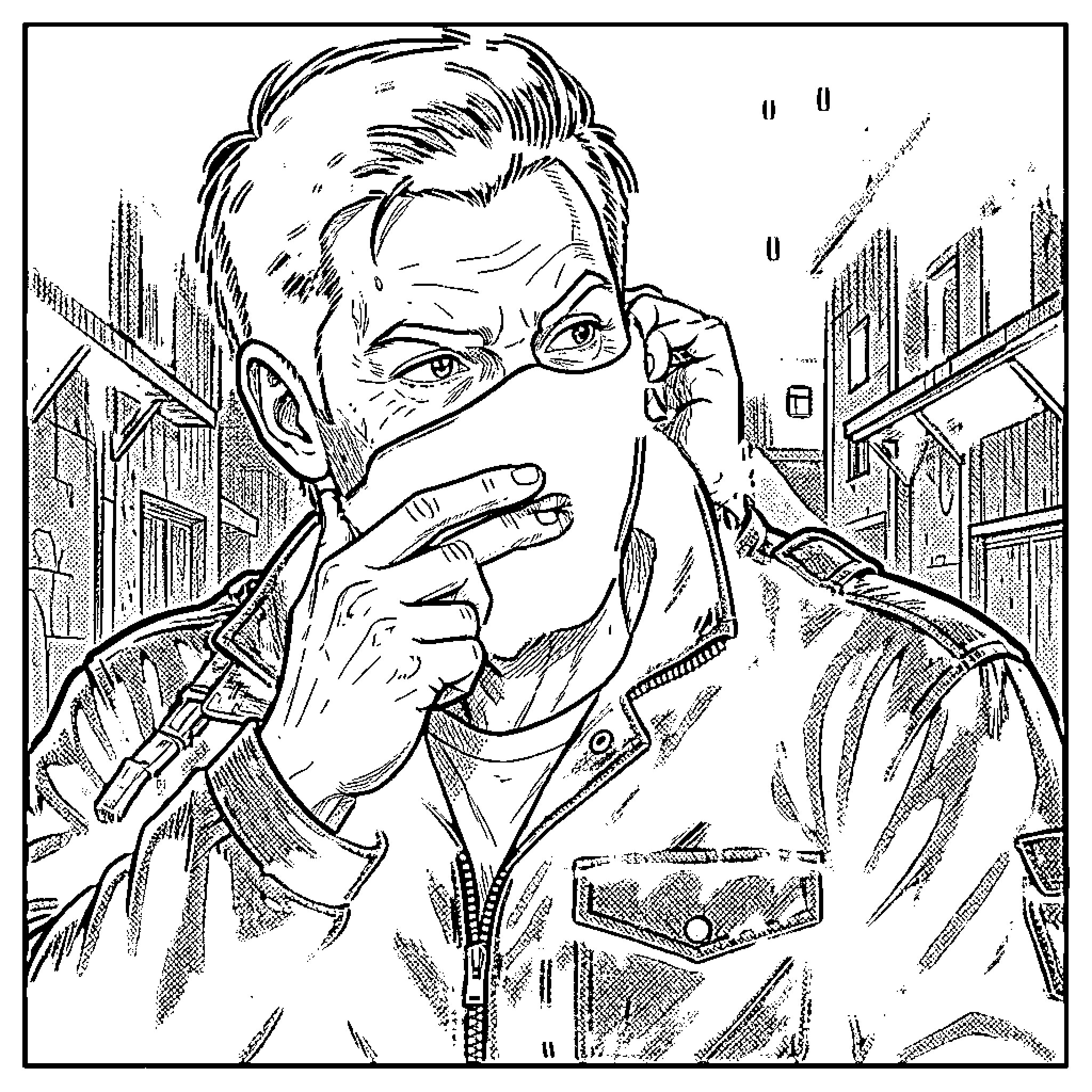 Squid Game: Man in Distress Coloring Page (free black-and-white line drawing printable PDF for all, from beginners to advanced learners, including children, teens, adults, and seniors)