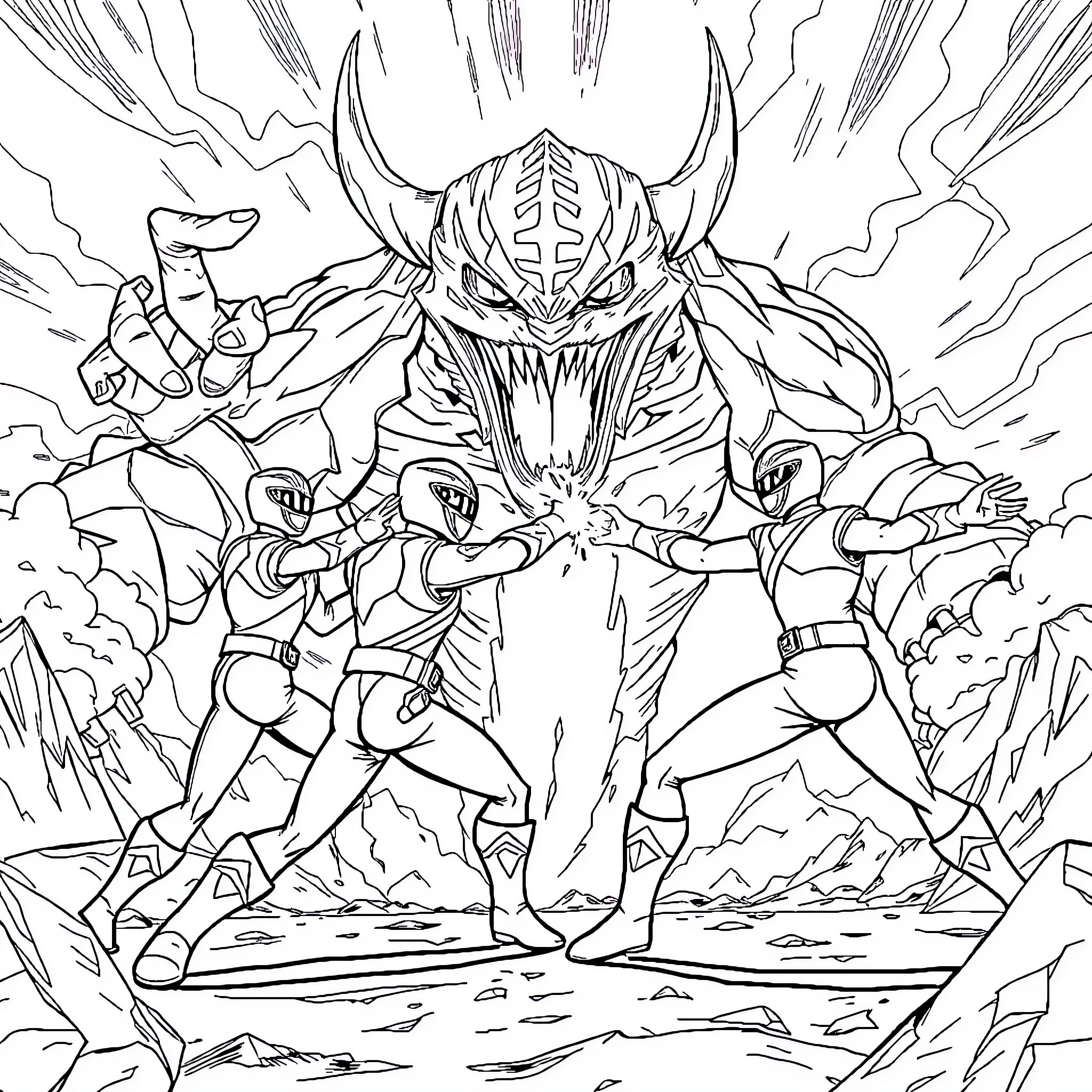Power Rangers Battling a Fierce Villain Coloring Page (free black-and-white line drawing printable PDF for all, from beginners to advanced learners, including children, teens, adults, and seniors)