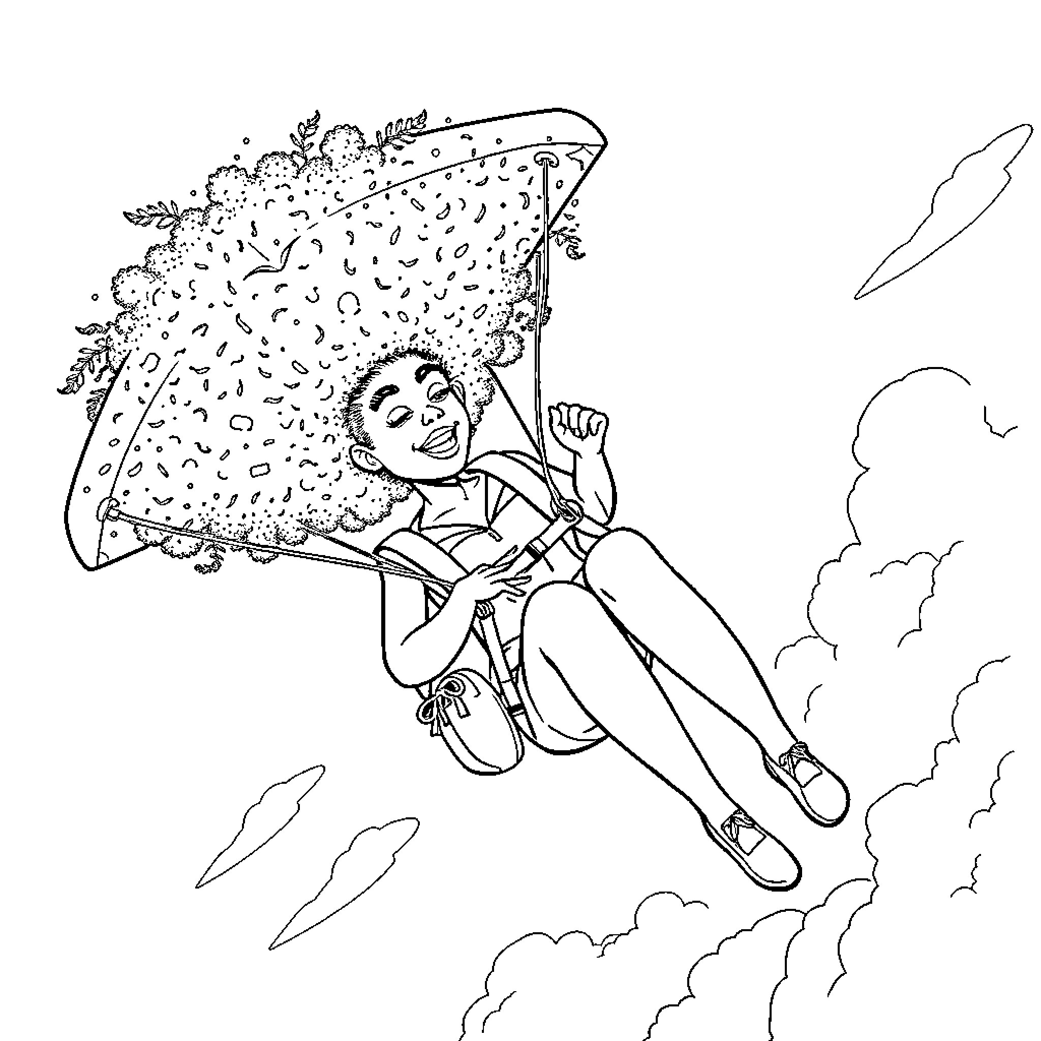 Woman flying with a large umbrella in the sky Coloring Page (free black-and-white line drawing printable PDF for all, from beginners to advanced learners, including children, teens, adults, and seniors)