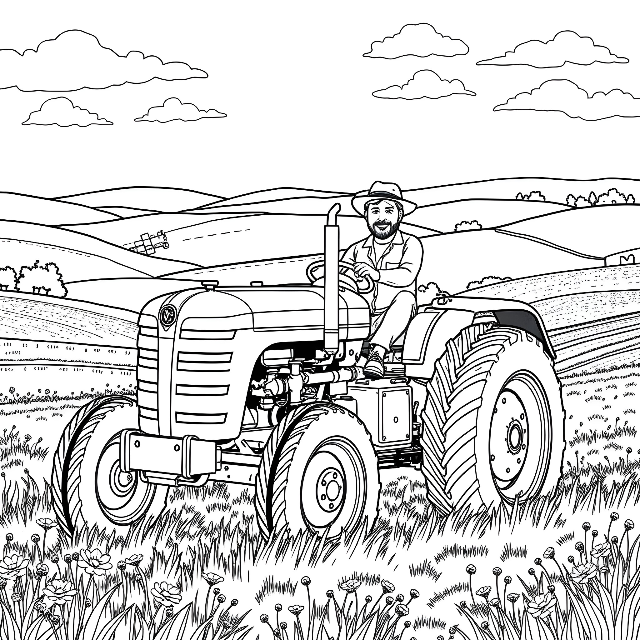 Farmer operating tractor in pastoral countryside Coloring Page (free black-and-white line drawing printable PDF for all, from beginners to advanced learners, including children, teens, adults, and seniors)