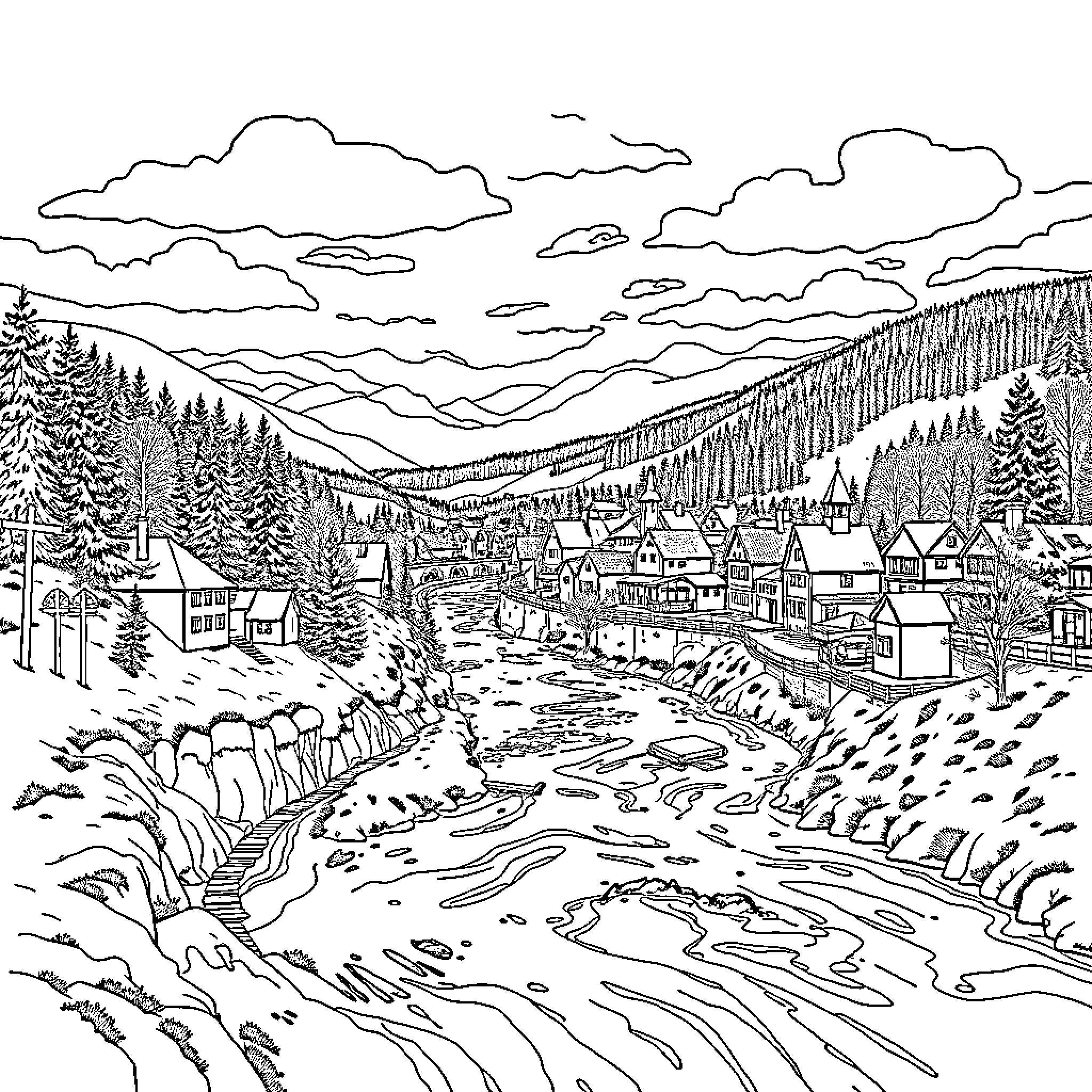 Älvdalen: Picturesque Winter Landscape with Quaint Village Coloring Page (free black-and-white line drawing printable PDF for all, from beginners to advanced learners, including children, teens, adults, and seniors)