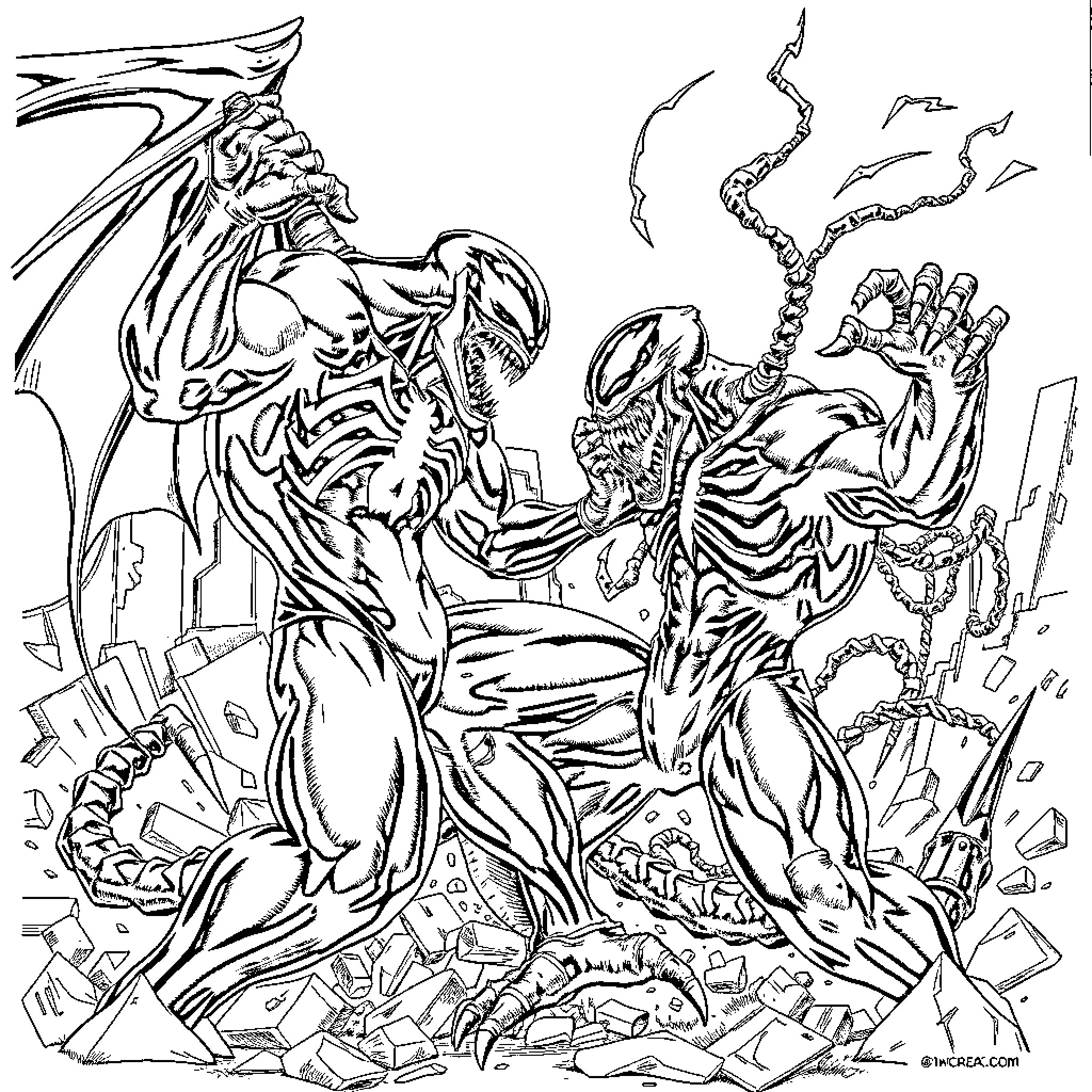 Venom: Monstrous Symbiosis in Chaotic Cityscape Coloring Page (free black-and-white line drawing printable PDF for all, from beginners to advanced learners, including children, teens, adults, and seniors)