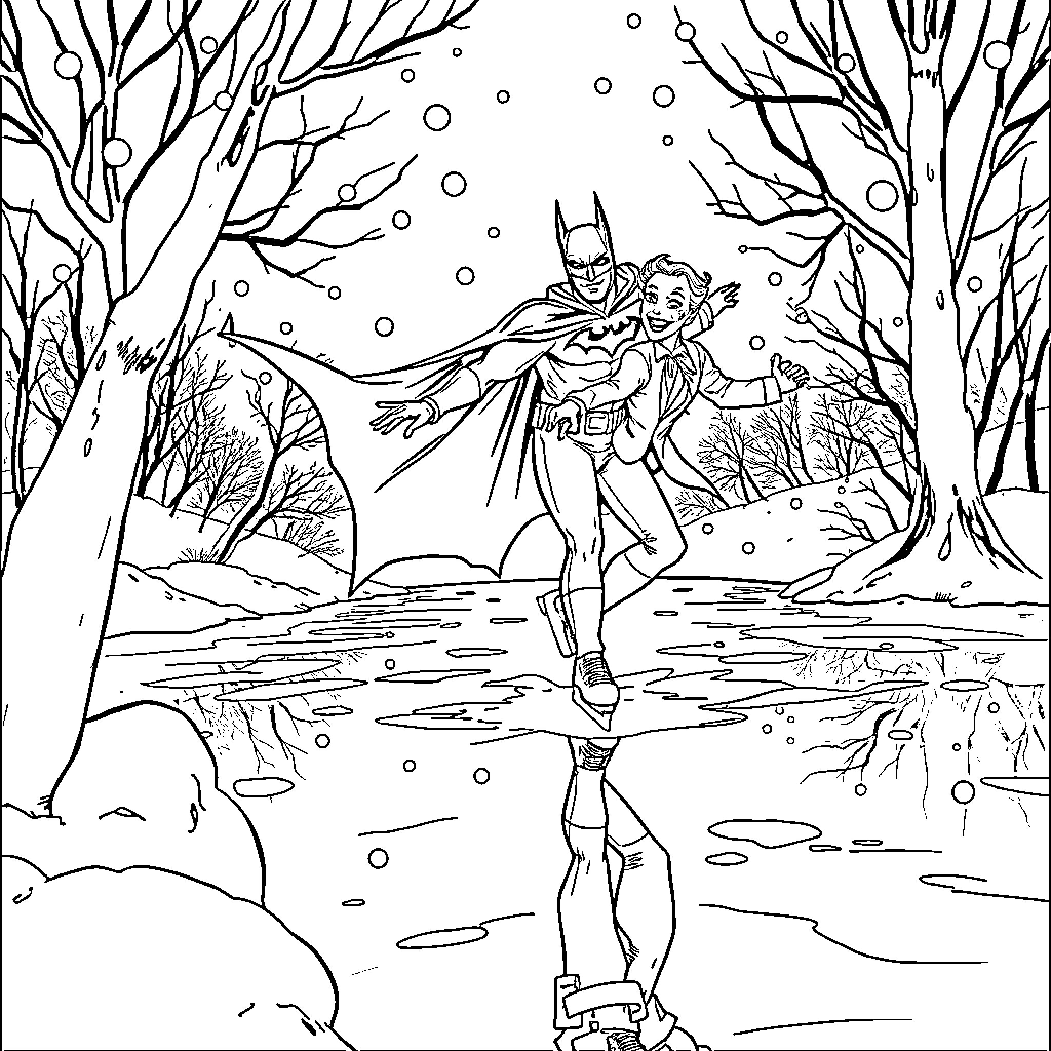 Batman and Supergirl in Snowy Winter Adventure Coloring Page (free black-and-white line drawing printable PDF for all, from beginners to advanced learners, including children, teens, adults, and seniors)