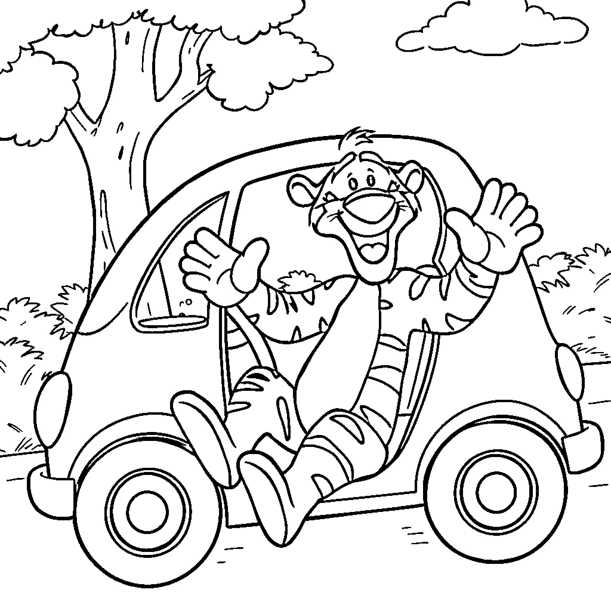 Tigger driving a car in the forest Coloring Page (free black-and-white line drawing printable PDF for all, from beginners to advanced learners, including children, teens, adults, and seniors)