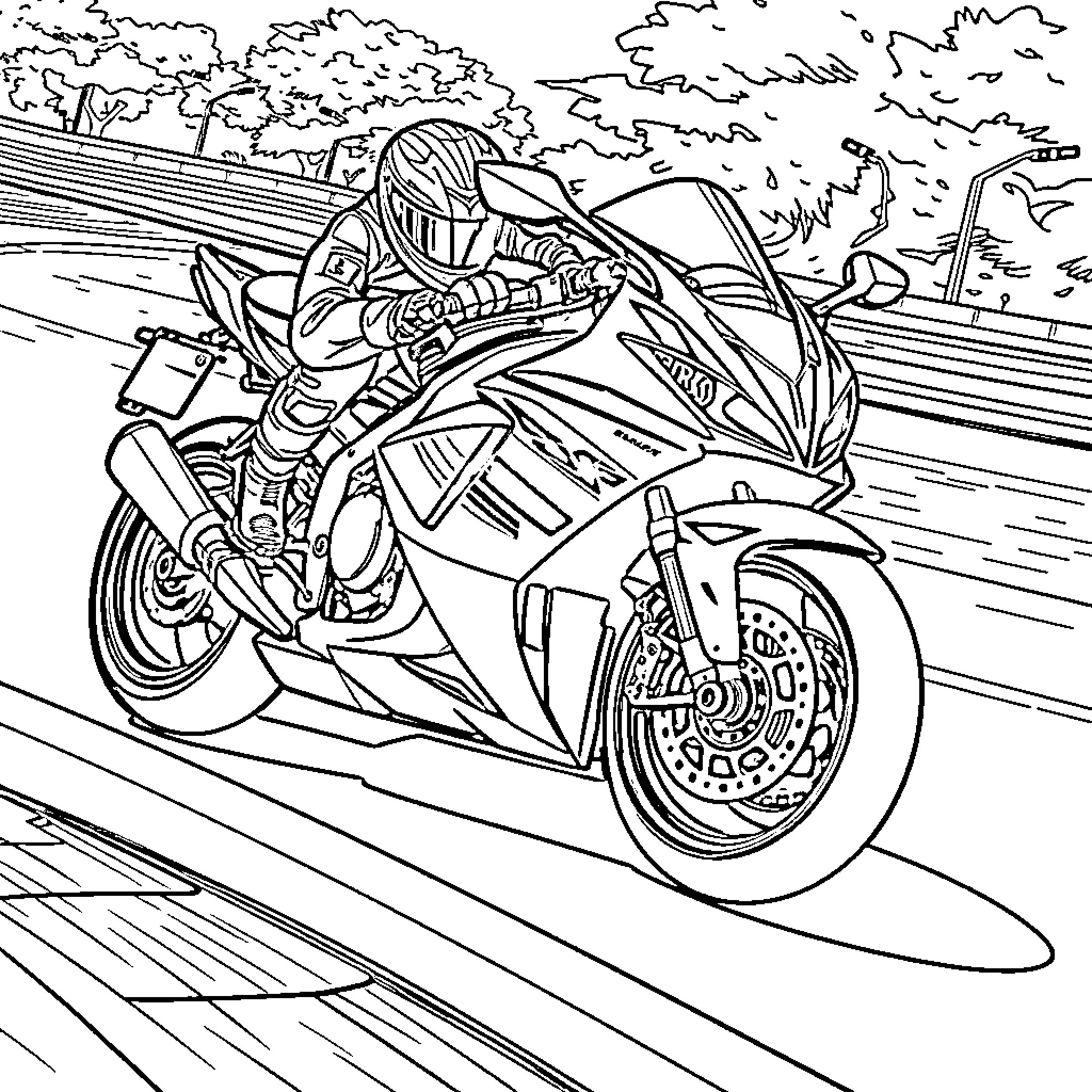 Suzuki motorcycle rider racing on the road Coloring Page (free black-and-white line drawing printable PDF for all, from beginners to advanced learners, including children, teens, adults, and seniors)