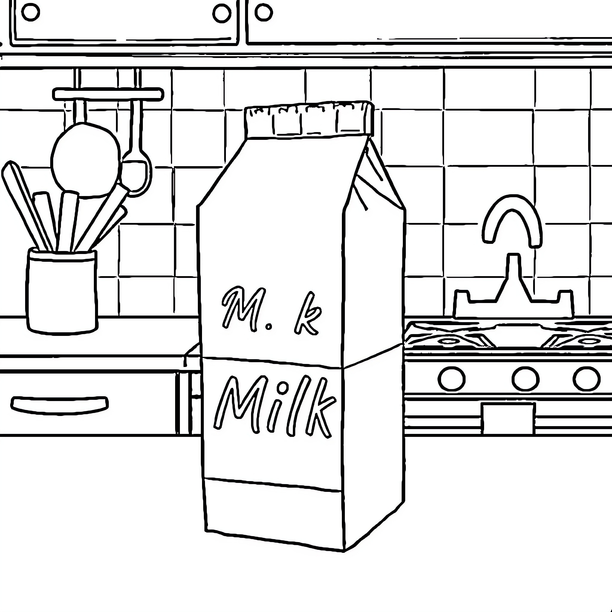 Milk Carton in a Kitchen with Cooking Utensils Coloring Page (free black-and-white line drawing printable PDF for all, from beginners to advanced learners, including children, teens, adults, and seniors)