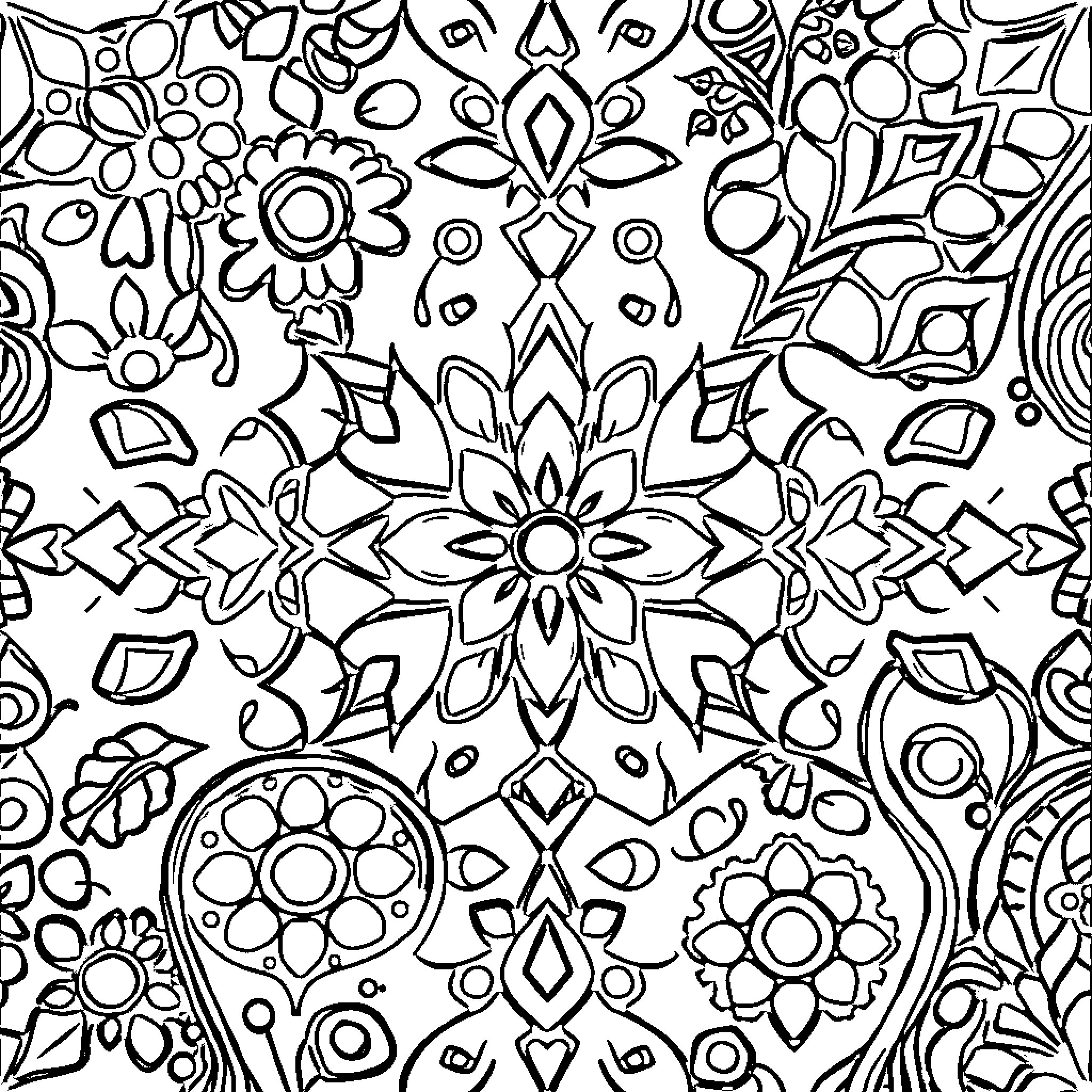 Boho Pattern with Intricate Floral Designs Coloring Page (free black-and-white line drawing printable PDF for all, from beginners to advanced learners, including children, teens, adults, and seniors)