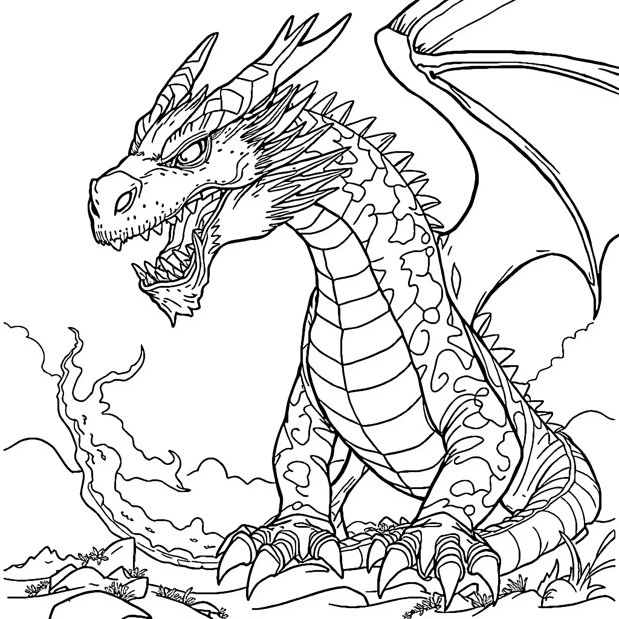 Dragon's Fierce Presence in the Mystical Landscape Coloring Page (free black-and-white line drawing printable PDF for all, from beginners to advanced learners, including children, teens, adults, and seniors)