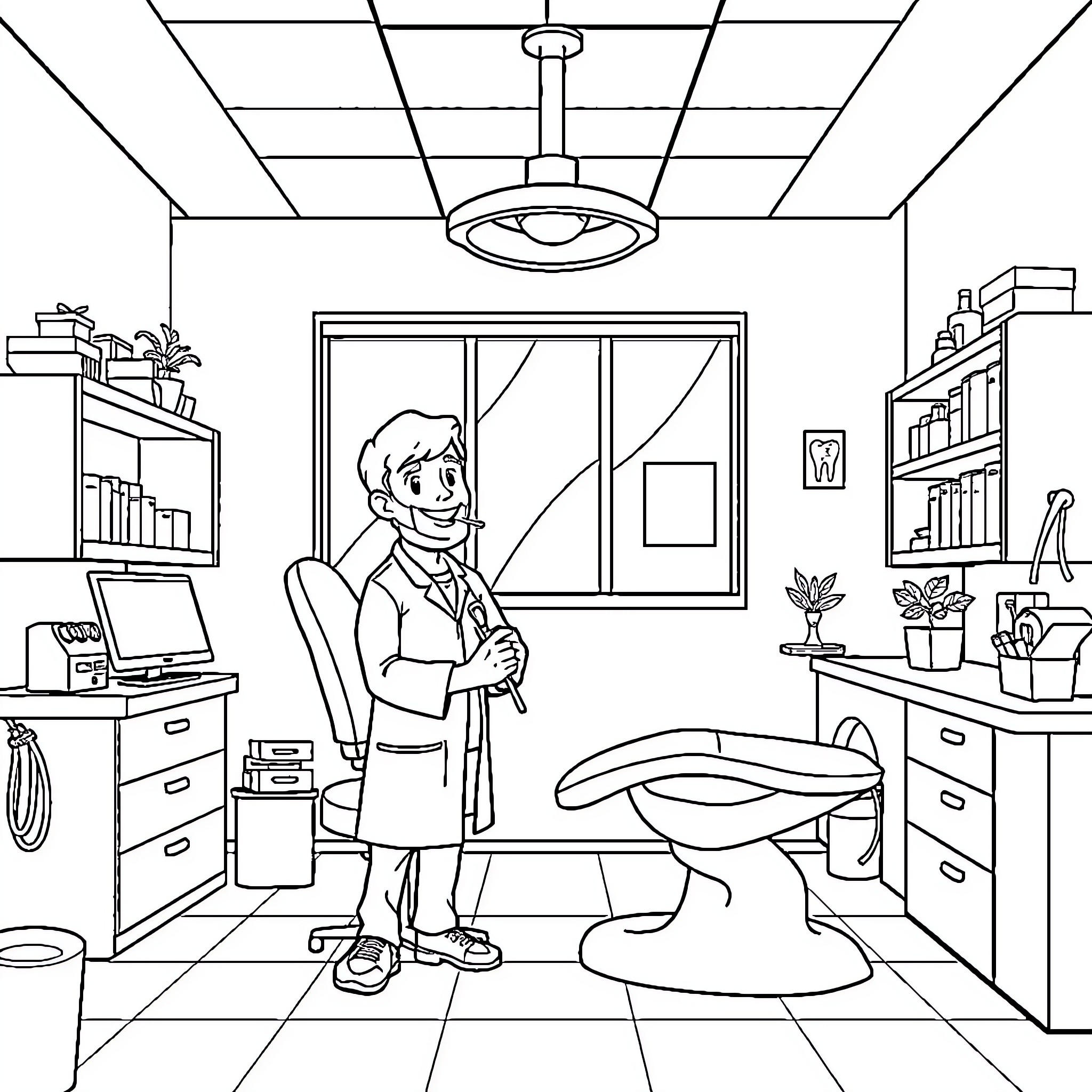 Dentist examining patient in office Coloring Page (free black-and-white line drawing printable PDF for all, from beginners to advanced learners, including children, teens, adults, and seniors)