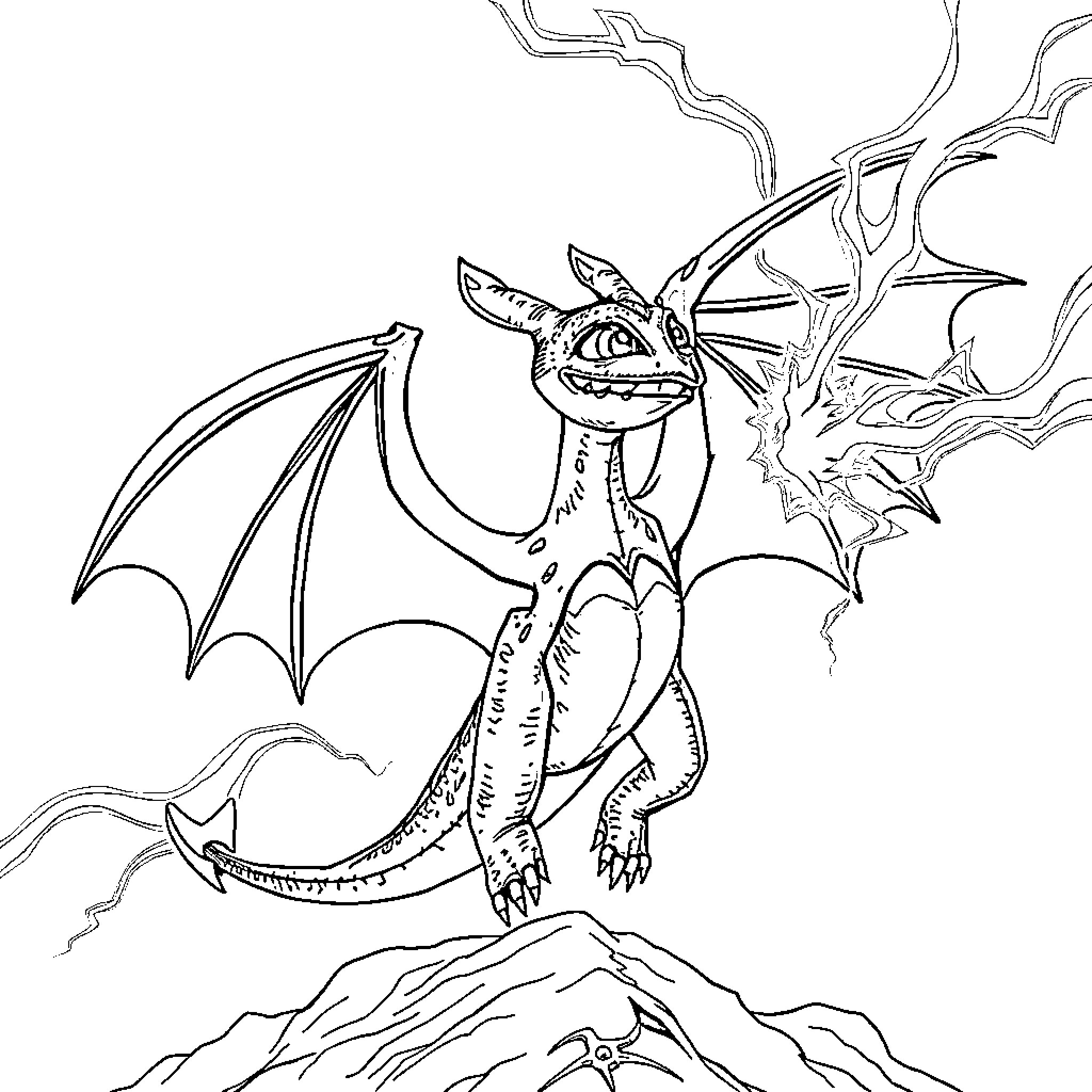 Dragon soaring above rocky mountains Coloring Page (free black-and-white line drawing printable PDF for all, from beginners to advanced learners, including children, teens, adults, and seniors)