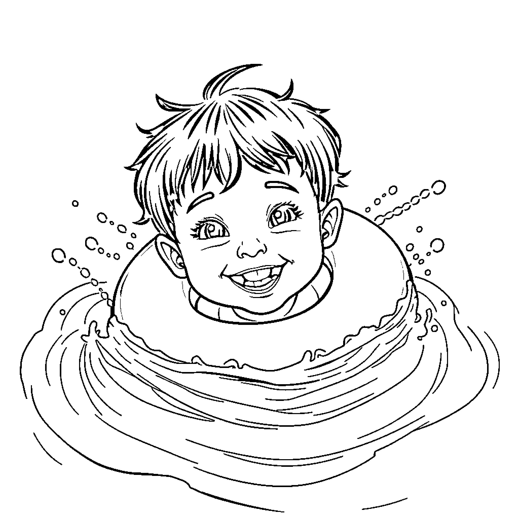 Kid enjoying a refreshing swim on a hot day Coloring Page (free black-and-white line drawing printable PDF for all, from beginners to advanced learners, including children, teens, adults, and seniors)