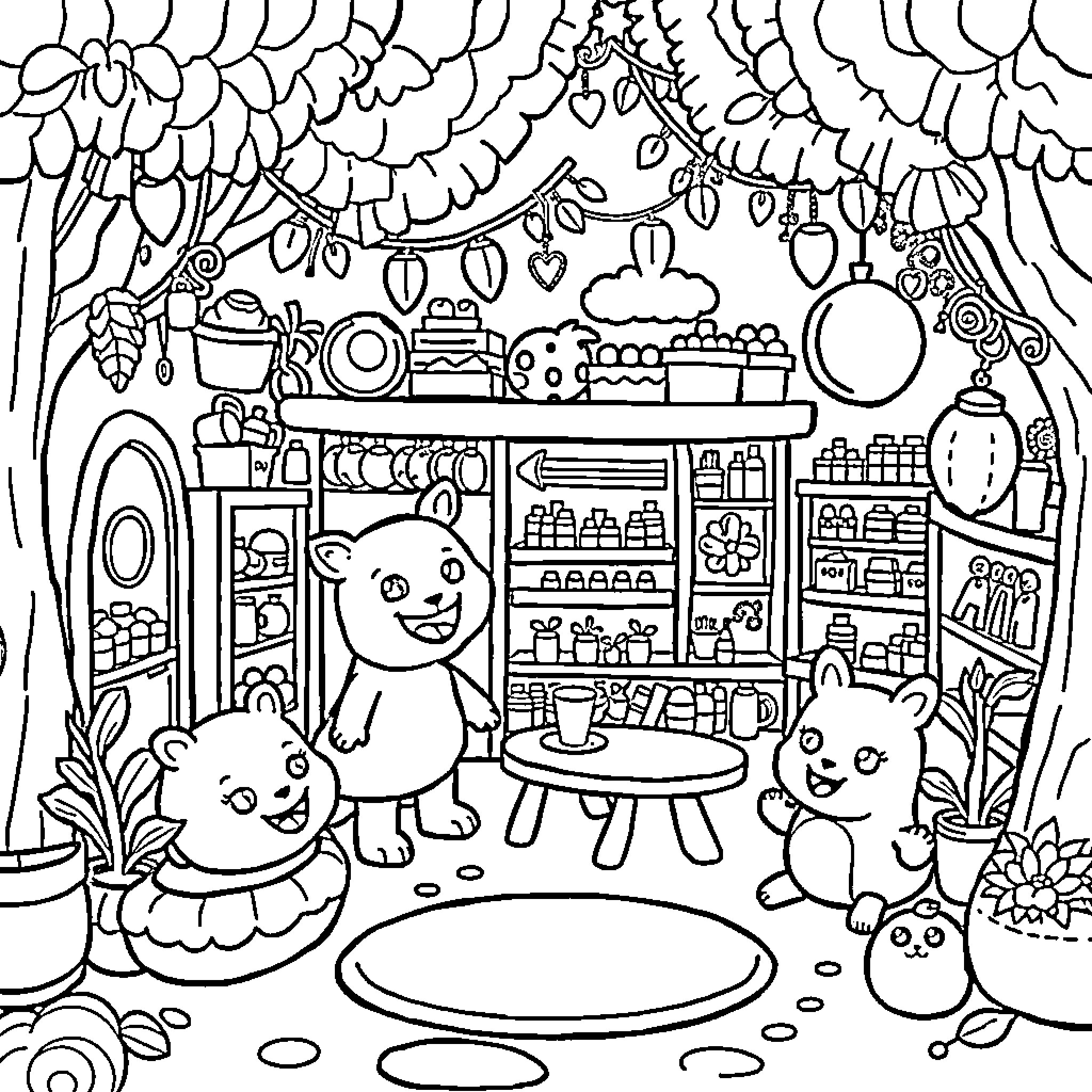 Toca Boca: Cute characters in a whimsical kitchen setting Coloring Page (free black-and-white line drawing printable PDF for all, from beginners to advanced learners, including children, teens, adults, and seniors)