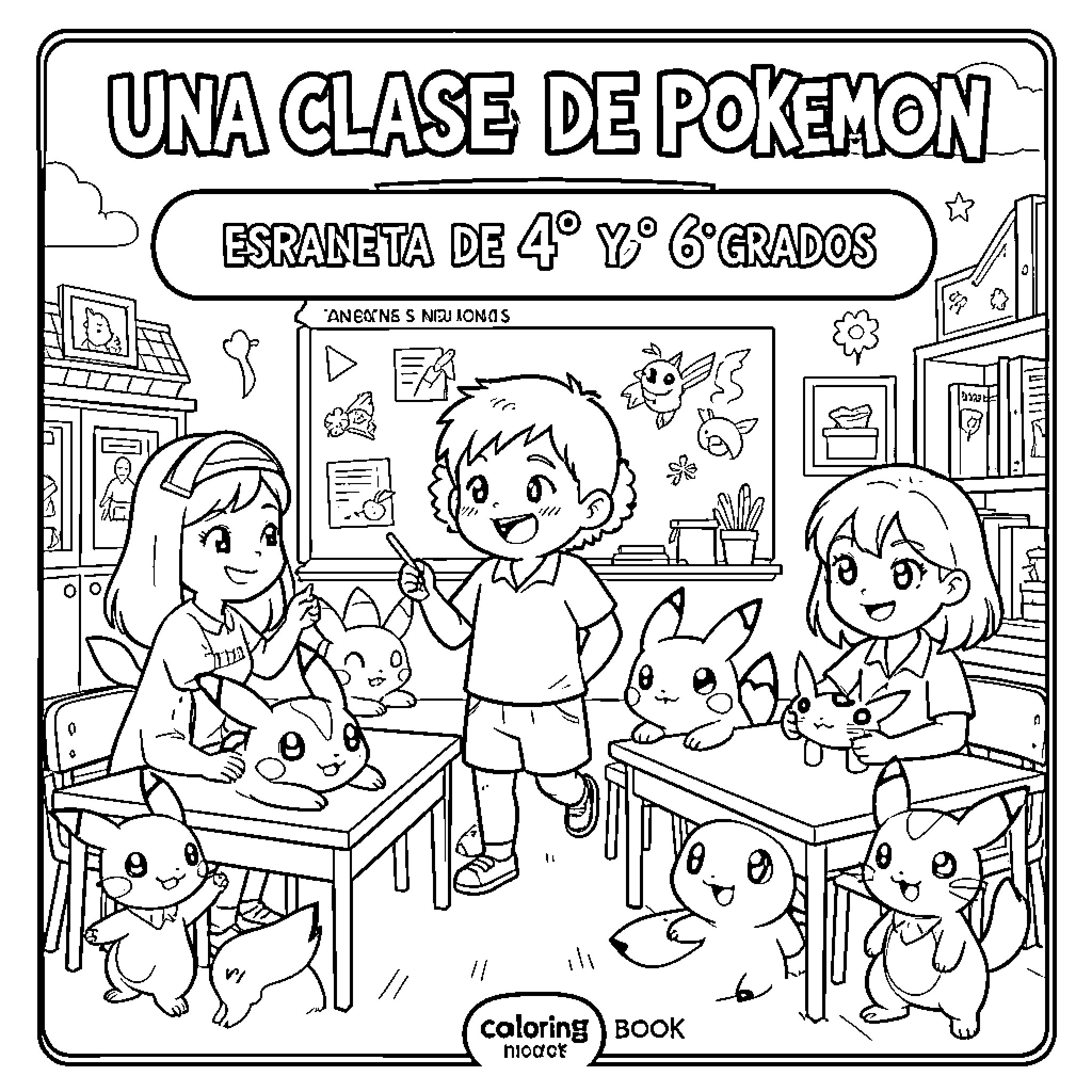 Pokémon characters enjoying a classroom lesson together Coloring Page (free black-and-white line drawing printable PDF for all, from beginners to advanced learners, including children, teens, adults, and seniors)