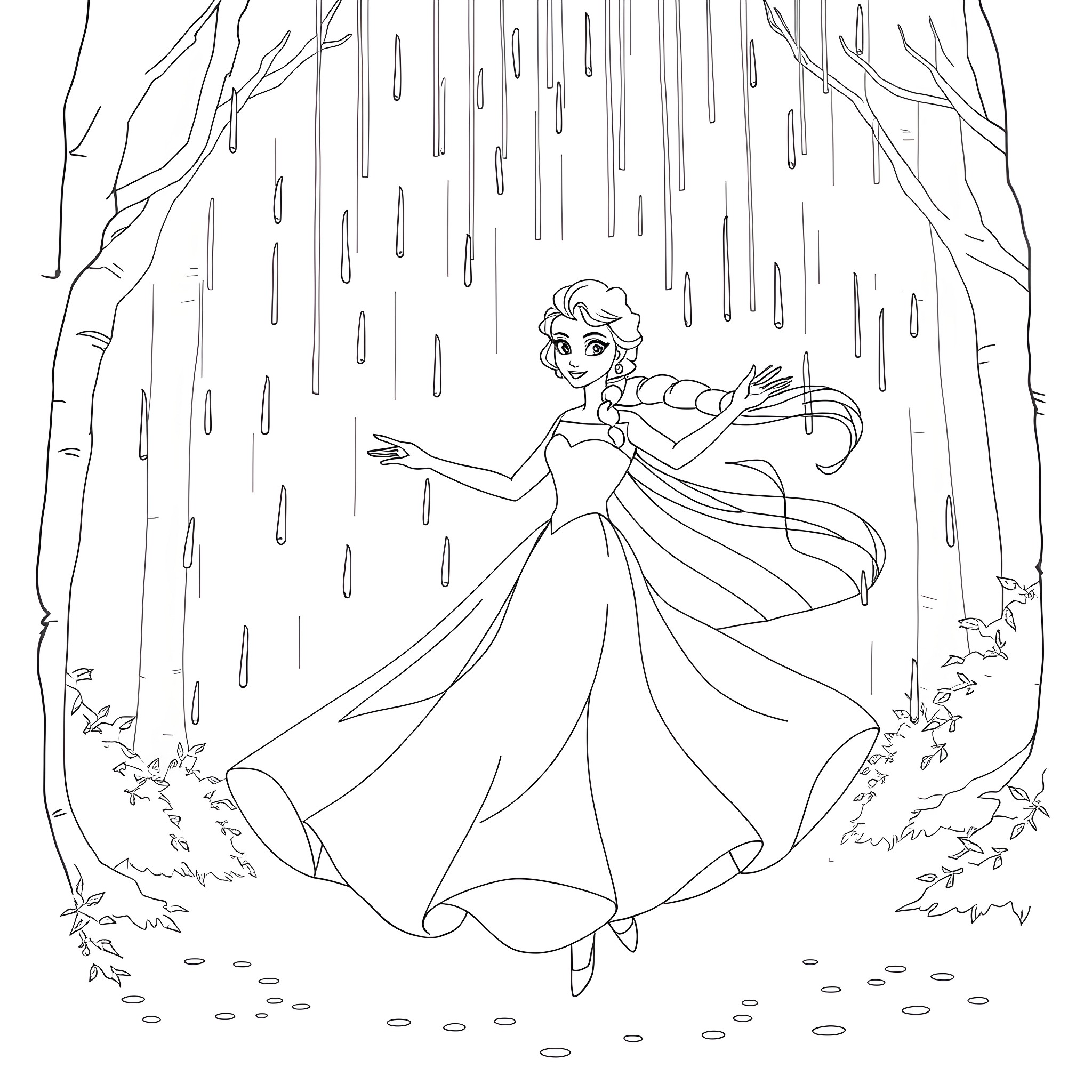 Elsa dancing gracefully in the rain Coloring Page (free black-and-white line drawing printable PDF for all, from beginners to advanced learners, including children, teens, adults, and seniors)