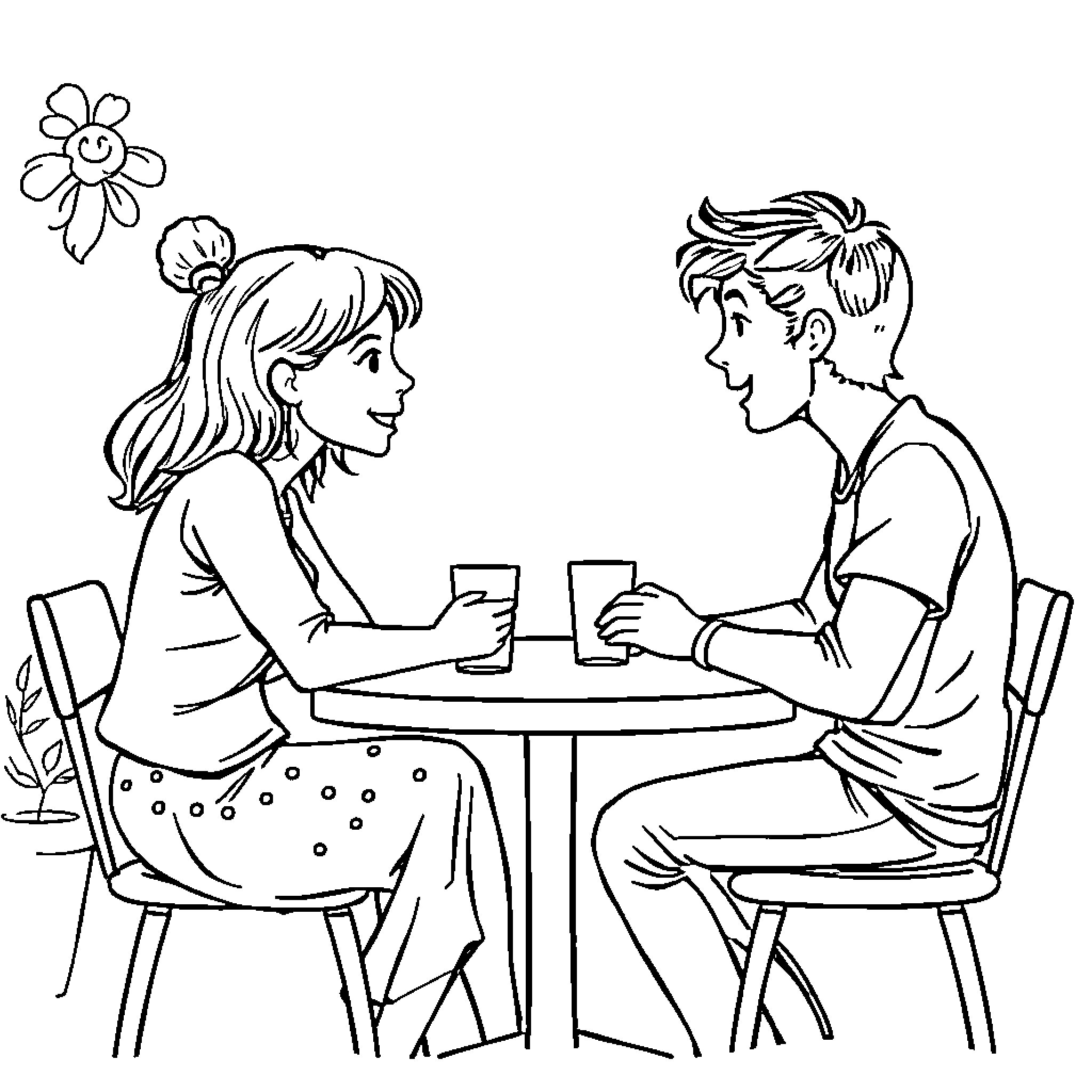 Cat couple enjoying drinks at a cafe Coloring Page (free black-and-white line drawing printable PDF for all, from beginners to advanced learners, including children, teens, adults, and seniors)