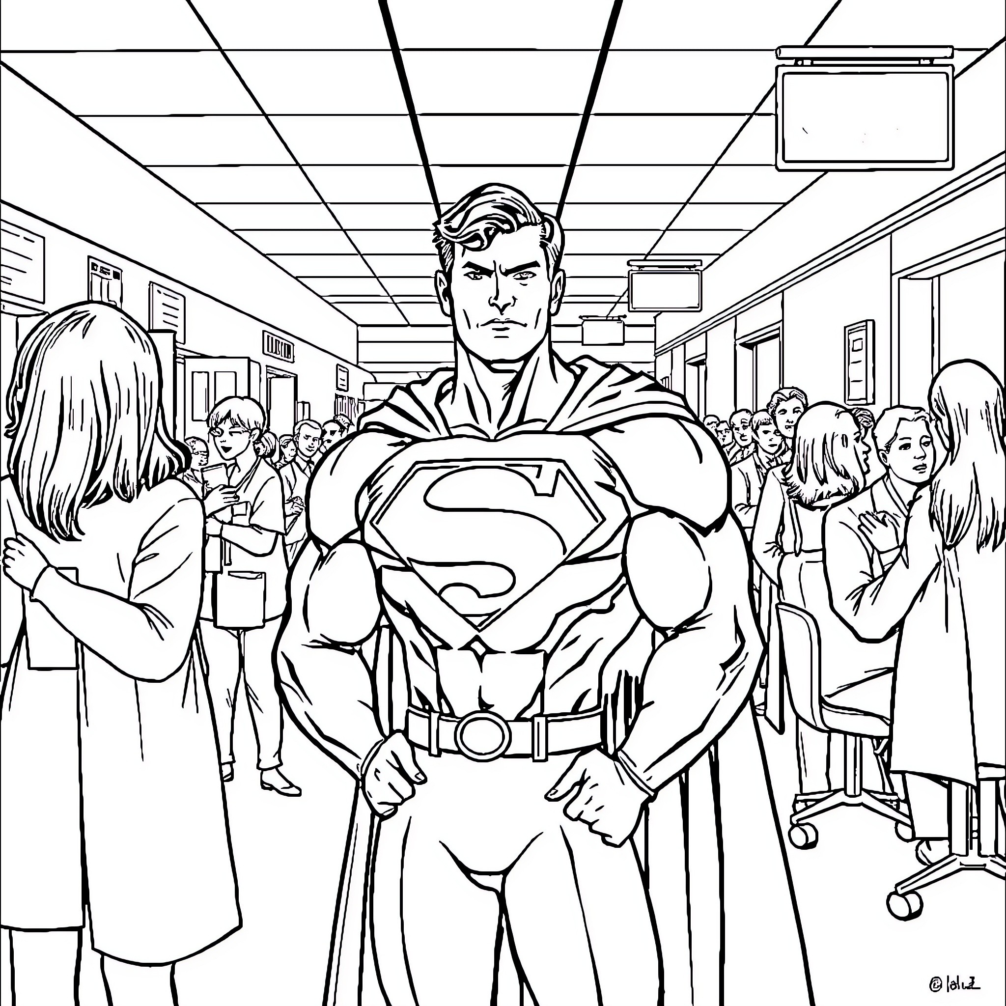 Superman stands tall amid hospital crowd Coloring Page (free black-and-white line drawing printable PDF for all, from beginners to advanced learners, including children, teens, adults, and seniors)