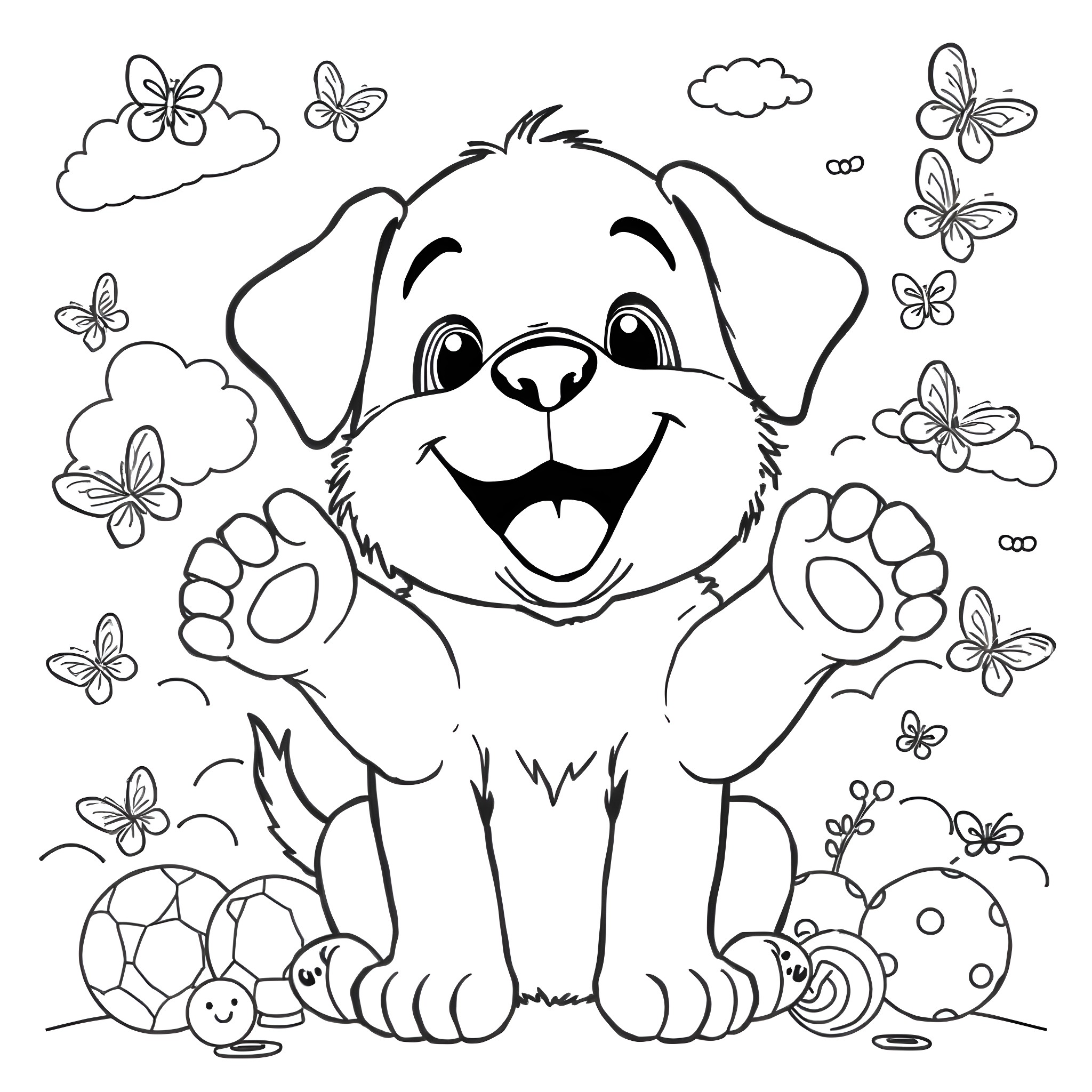 Human Puppy Playing Happily with Butterflies Coloring Page (free black-and-white line drawing printable PDF for all, from beginners to advanced learners, including children, teens, adults, and seniors)