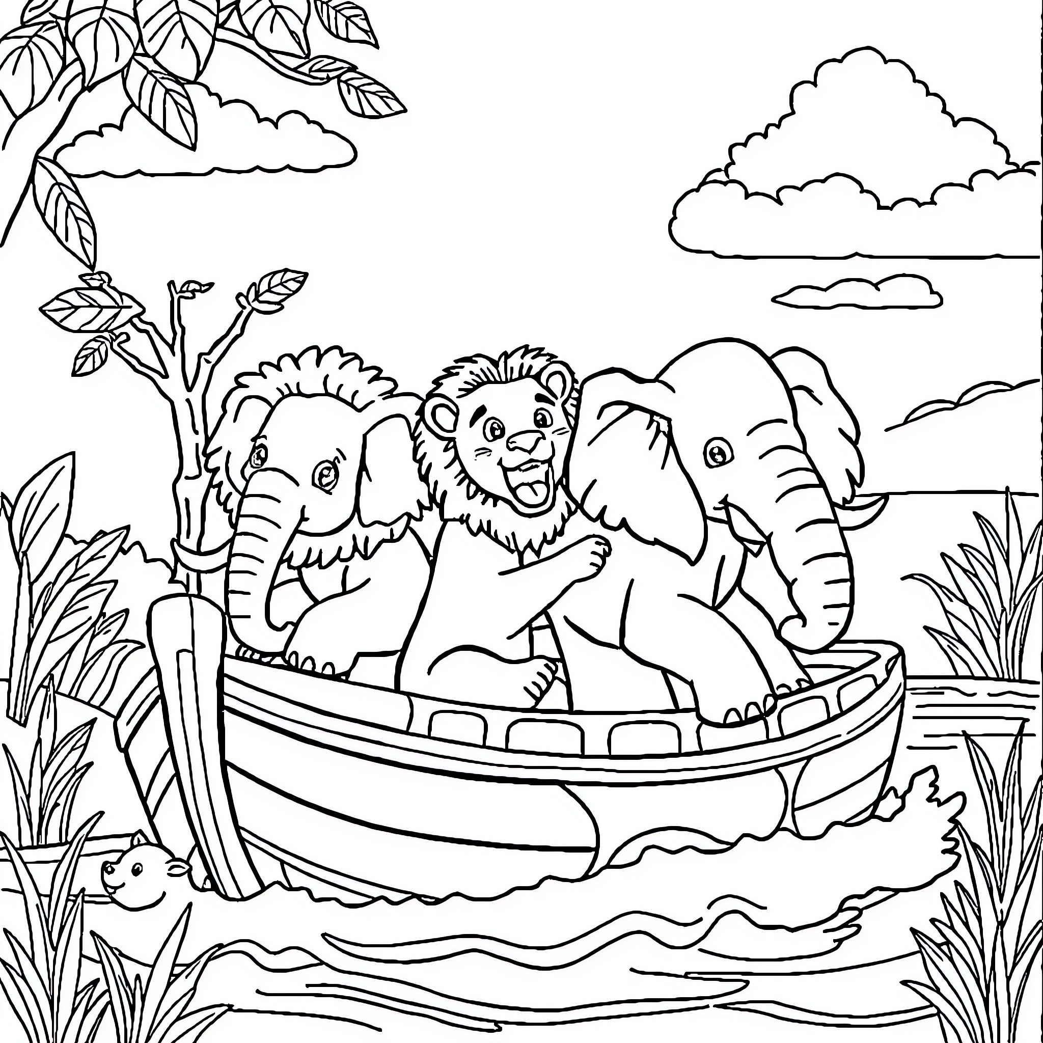 Animal friends floating on a boat in nature Coloring Page (free black-and-white line drawing printable PDF for all, from beginners to advanced learners, including children, teens, adults, and seniors)