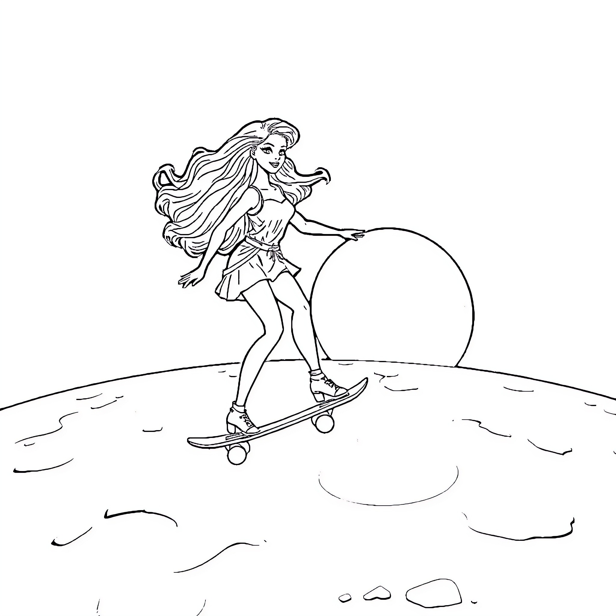 Barbie riding a skateboard on the beach Coloring Page (free black-and-white line drawing printable PDF for all, from beginners to advanced learners, including children, teens, adults, and seniors)