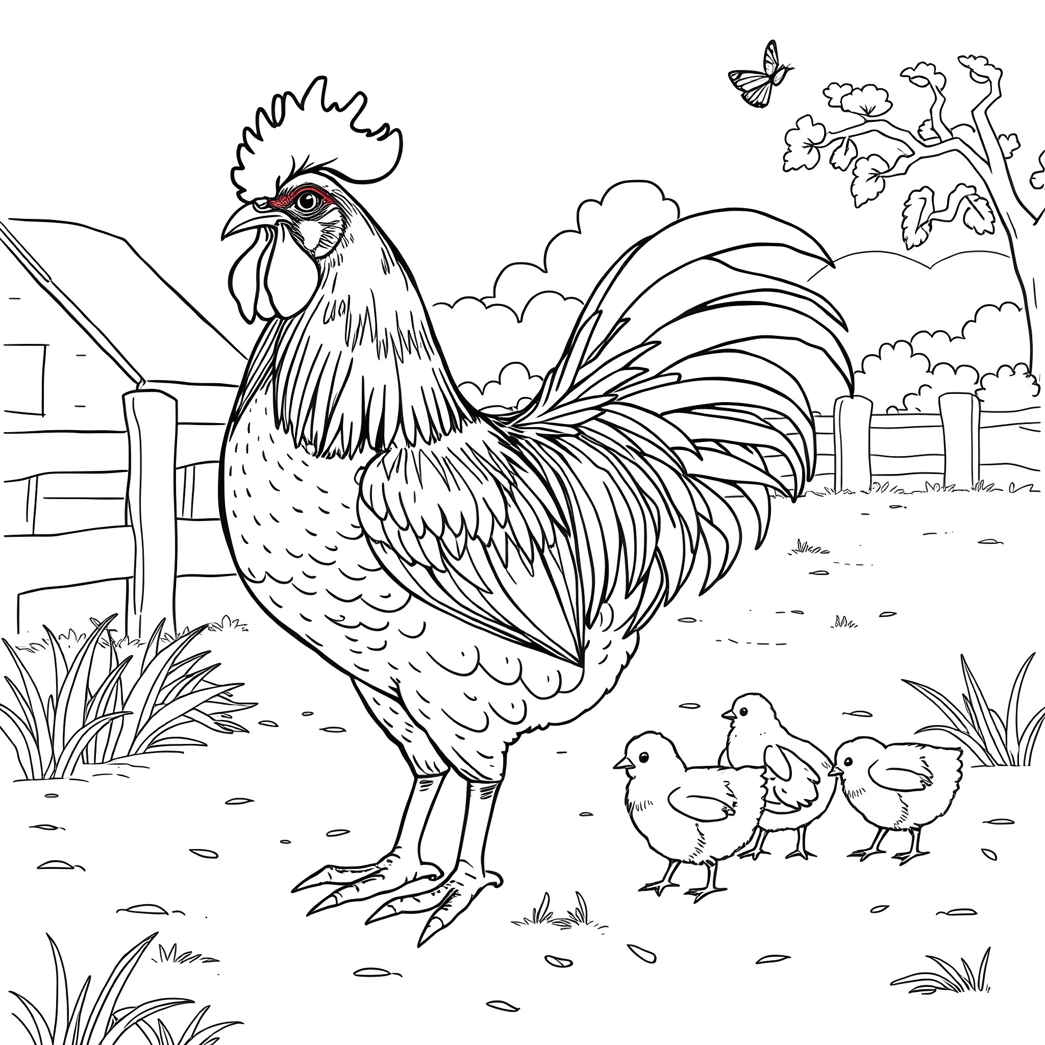 Rooster with baby chicks in a farm scene Coloring Page (free black-and-white line drawing printable PDF for all, from beginners to advanced learners, including children, teens, adults, and seniors)