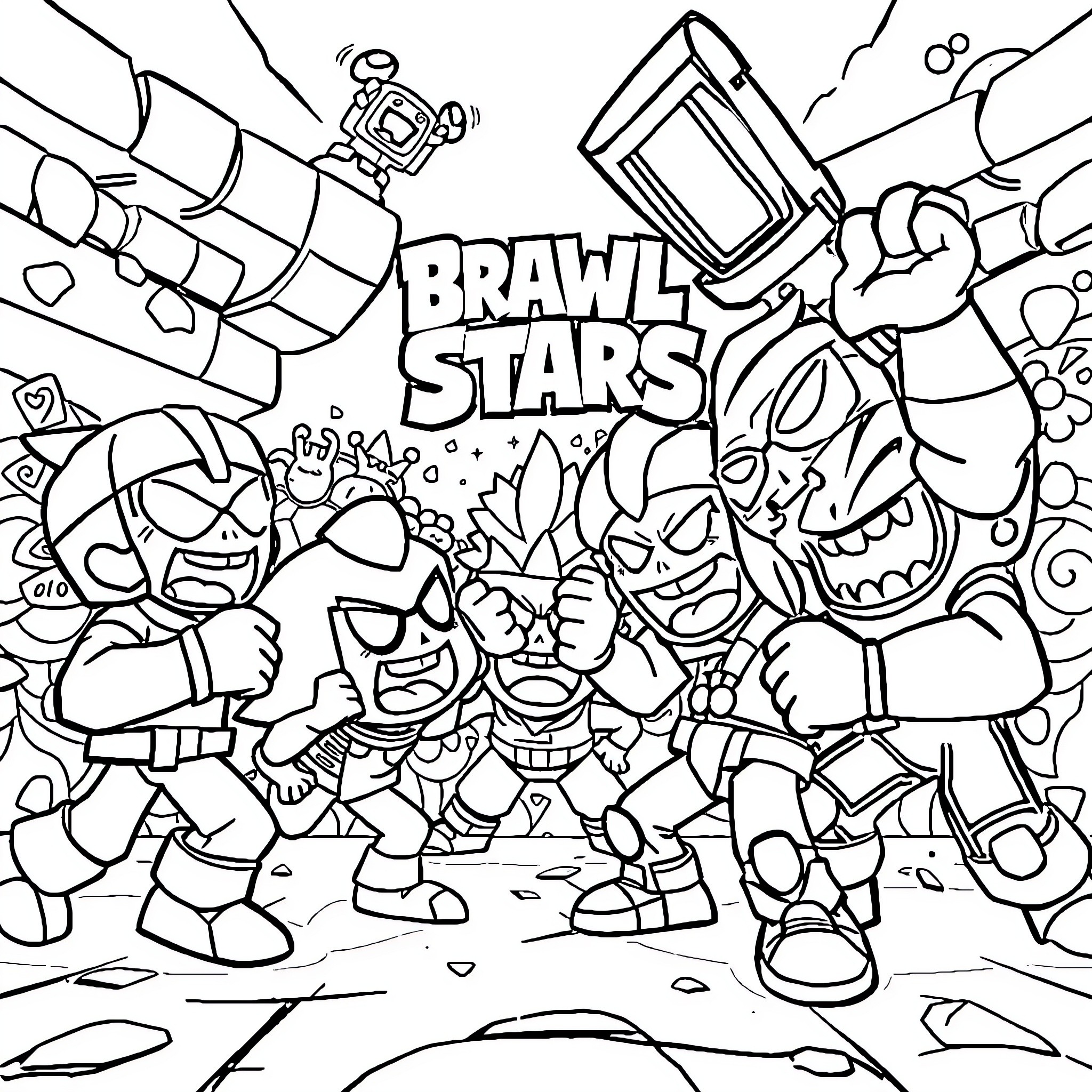 Brawl Stars Epic Battle Showdown Coloring Page (free black-and-white line drawing printable PDF for all, from beginners to advanced learners, including children, teens, adults, and seniors)