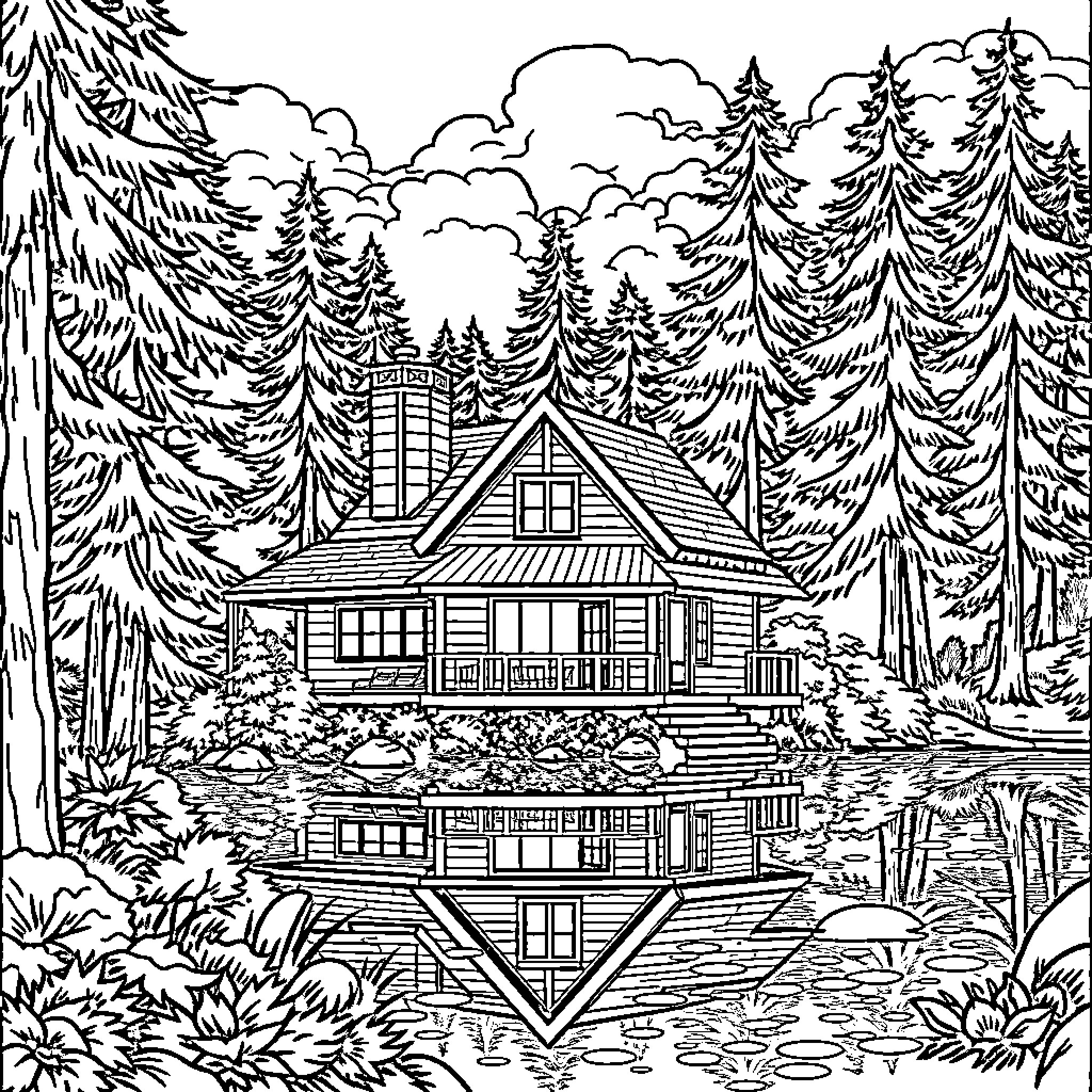 House by the Serene Lakeside Forest Coloring Page (free black-and-white line drawing printable PDF for all, from beginners to advanced learners, including children, teens, adults, and seniors)