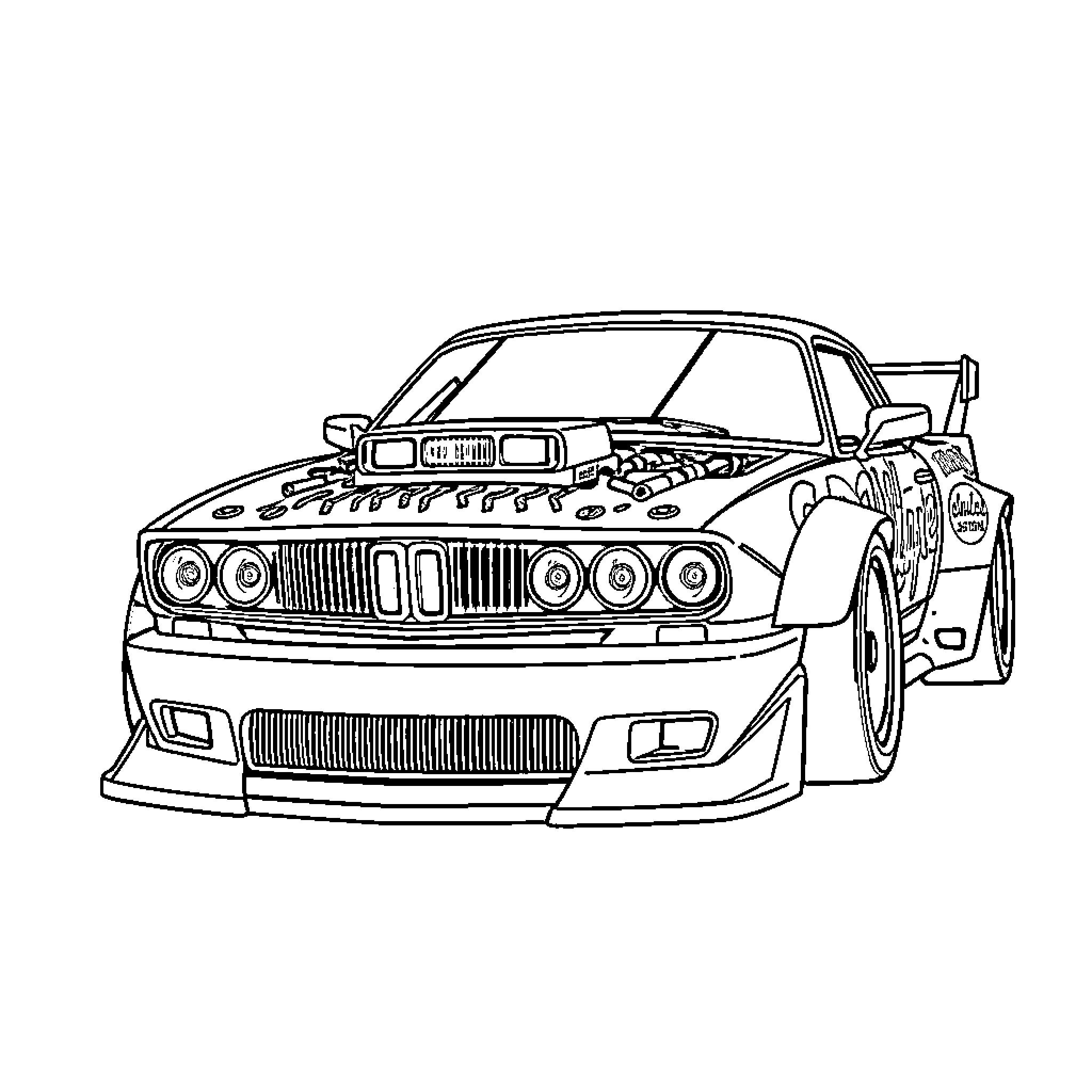 Modified Car With Tuned Racing Exterior Coloring Page (free black-and-white line drawing printable PDF for all, from beginners to advanced learners, including children, teens, adults, and seniors)