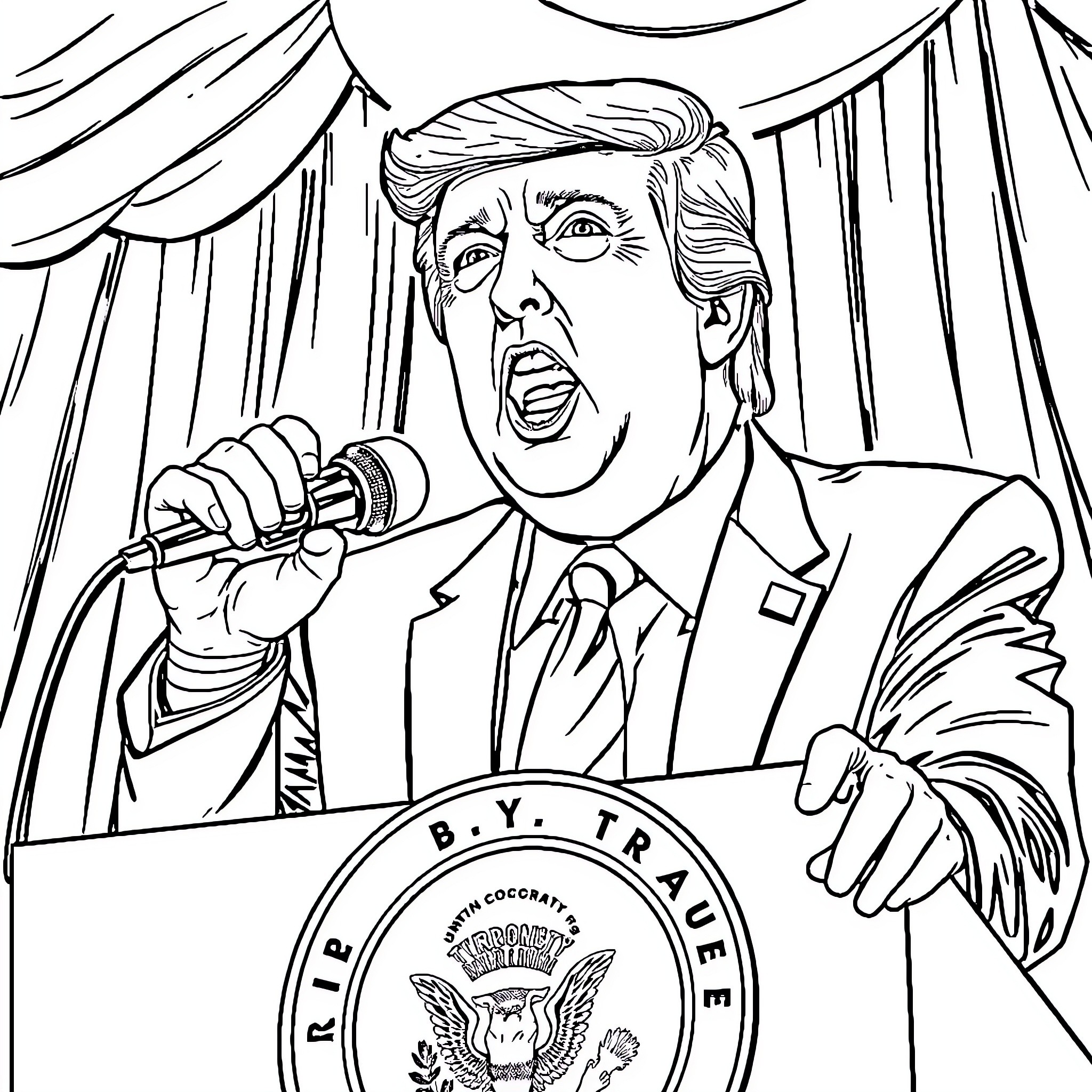 Donald Trump Giving Passionate Speech on Stage Coloring Page (free black-and-white line drawing printable PDF for all, from beginners to advanced learners, including children, teens, adults, and seniors)