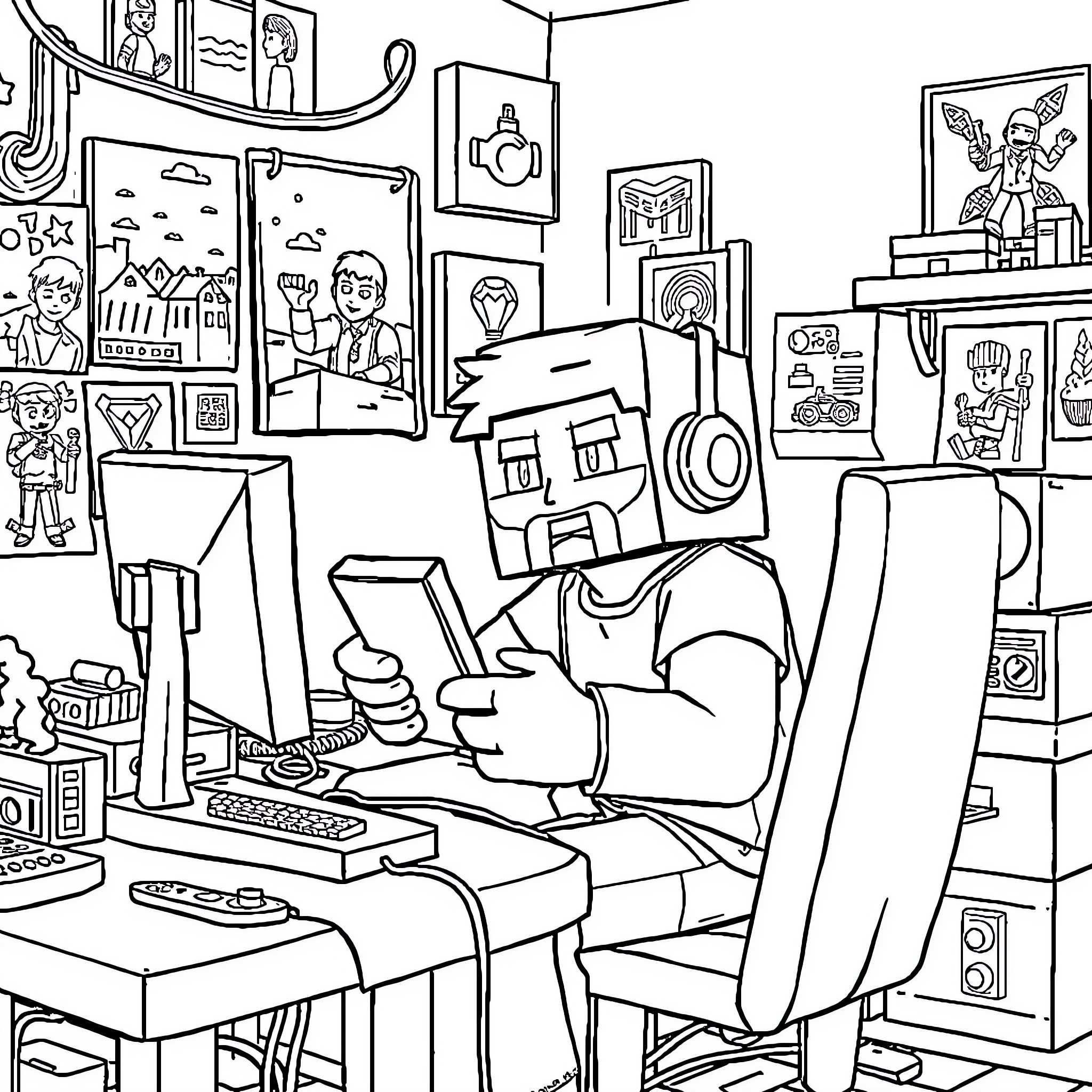 Minecraft Character in Cluttered Home Office Coloring Page (free black-and-white line drawing printable PDF for all, from beginners to advanced learners, including children, teens, adults, and seniors)