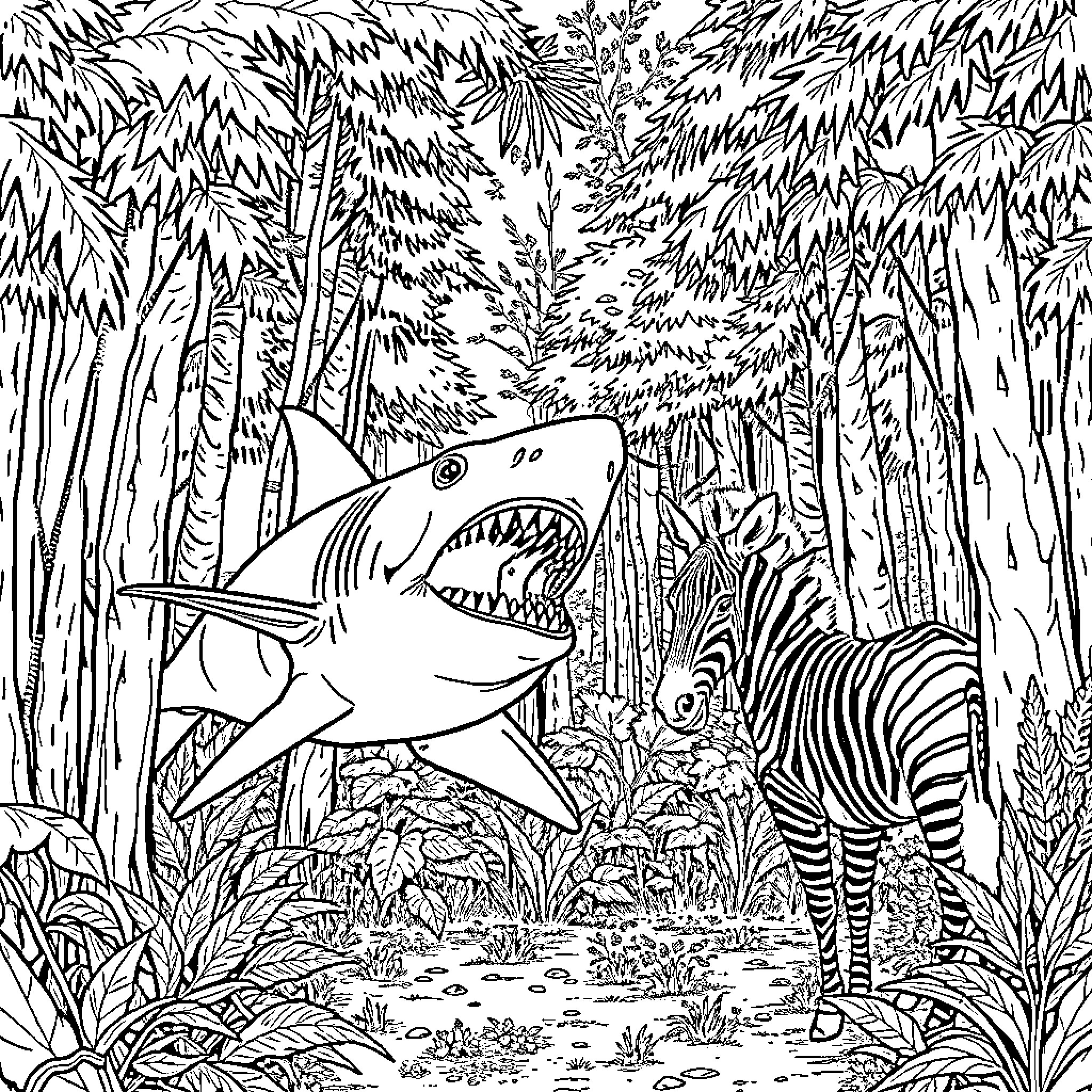 Shark hunting in the jungle Coloring Page (free black-and-white line drawing printable PDF for all, from beginners to advanced learners, including children, teens, adults, and seniors)