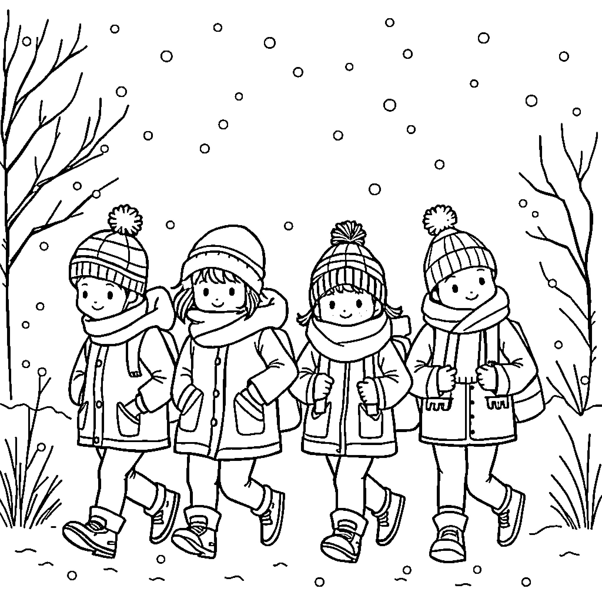 Kid friends playing in the snow Coloring Page (free black-and-white line drawing printable PDF for all, from beginners to advanced learners, including children, teens, adults, and seniors)