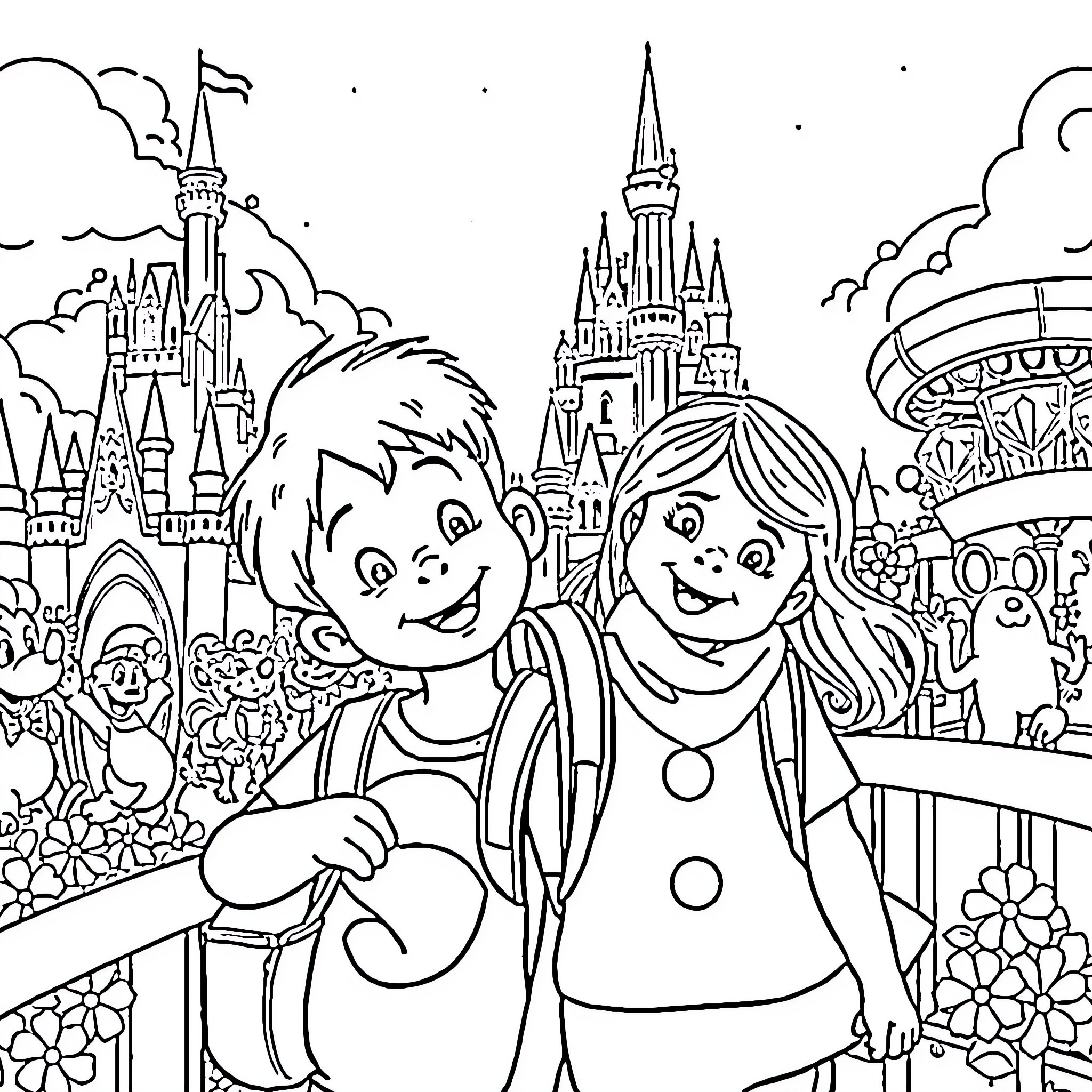 Child exploring a whimsical amusement park Coloring Page (free black-and-white line drawing printable PDF for all, from beginners to advanced learners, including children, teens, adults, and seniors)