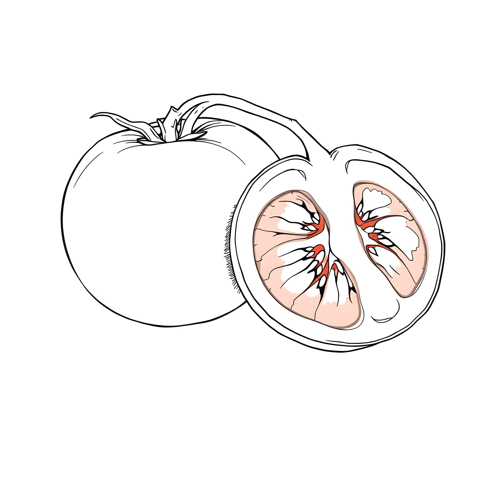Tomato cut in half with exposed flesh Coloring Page (free black-and-white line drawing printable PDF for all, from beginners to advanced learners, including children, teens, adults, and seniors)
