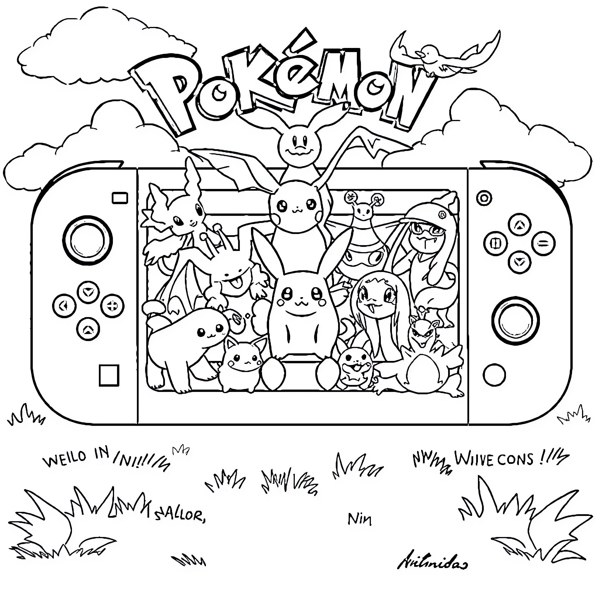 Pokémon characters displayed on a gaming device Coloring Page (free black-and-white line drawing printable PDF for all, from beginners to advanced learners, including children, teens, adults, and seniors)