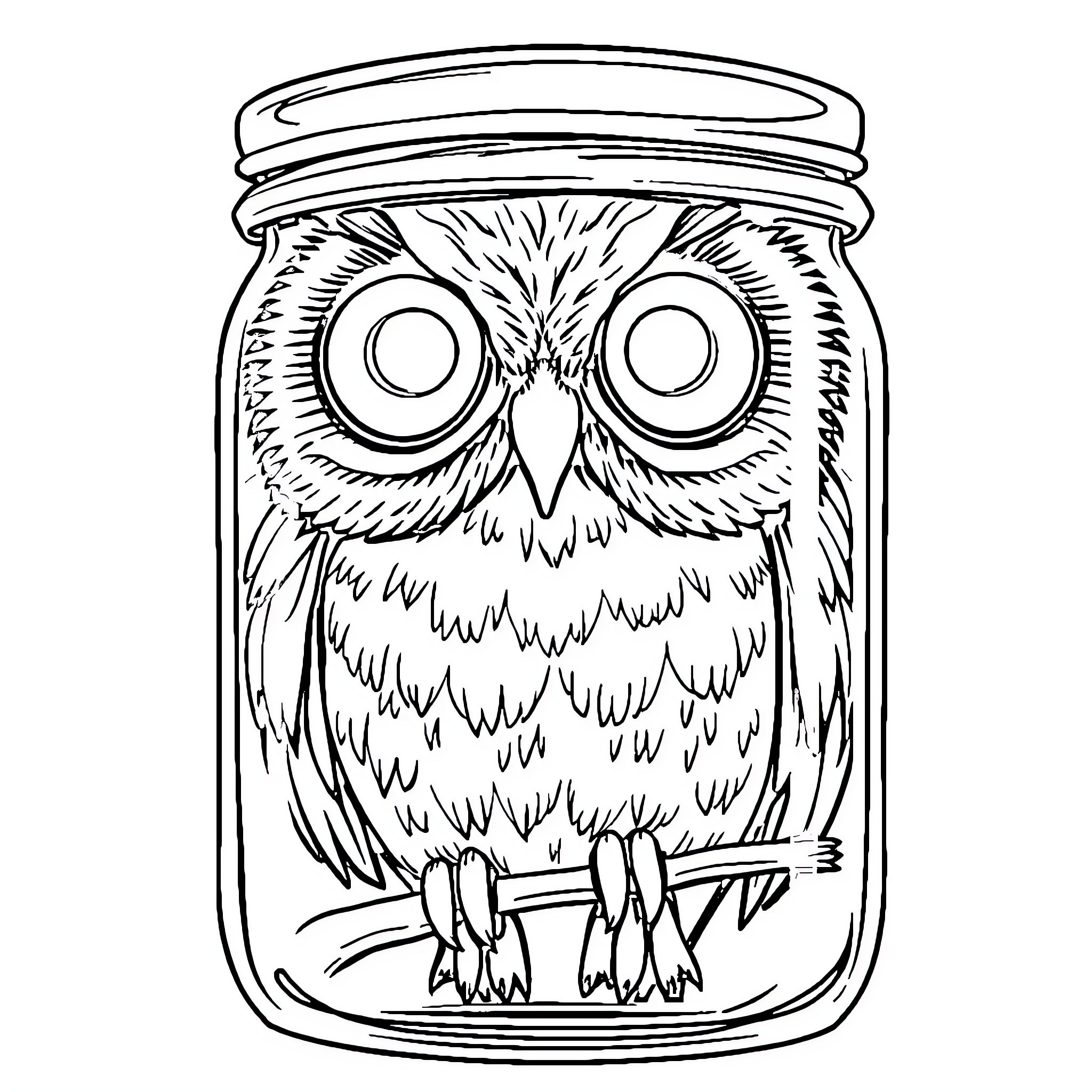 Owl trapped in a jar Coloring Page (free black-and-white line drawing printable PDF for all, from beginners to advanced learners, including children, teens, adults, and seniors)