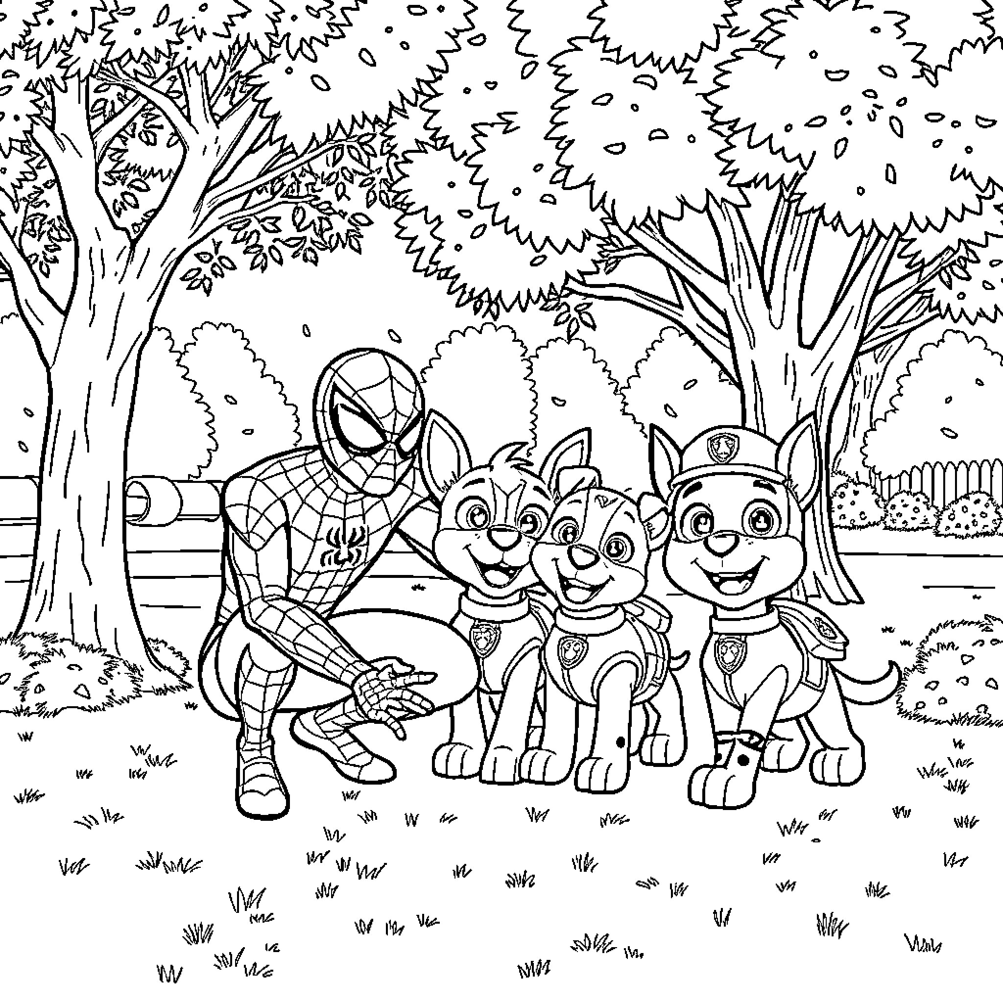 Spiderman with Paw Patrol pups in the forest Coloring Page (free black-and-white line drawing printable PDF for all, from beginners to advanced learners, including children, teens, adults, and seniors)
