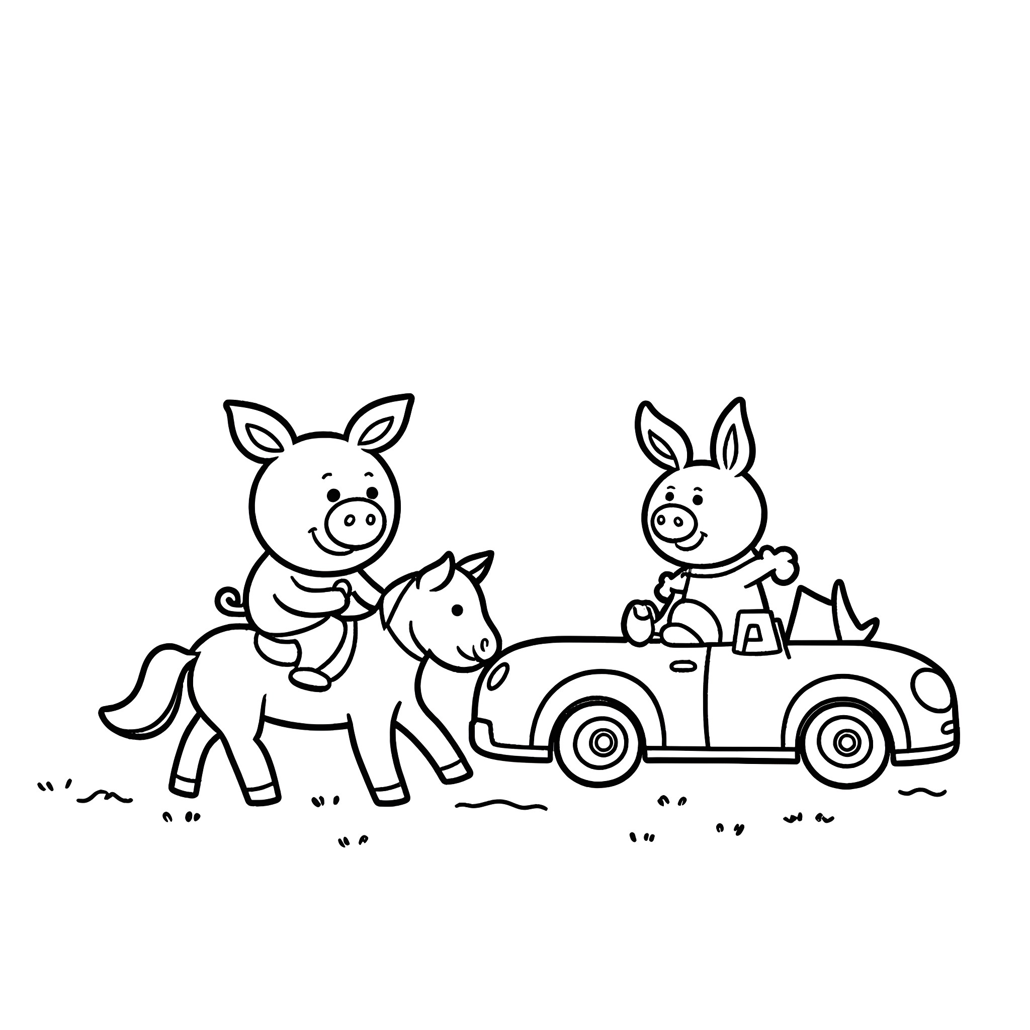 Pig riding a horse in a car Coloring Page (free black-and-white line drawing printable PDF for all, from beginners to advanced learners, including children, teens, adults, and seniors)