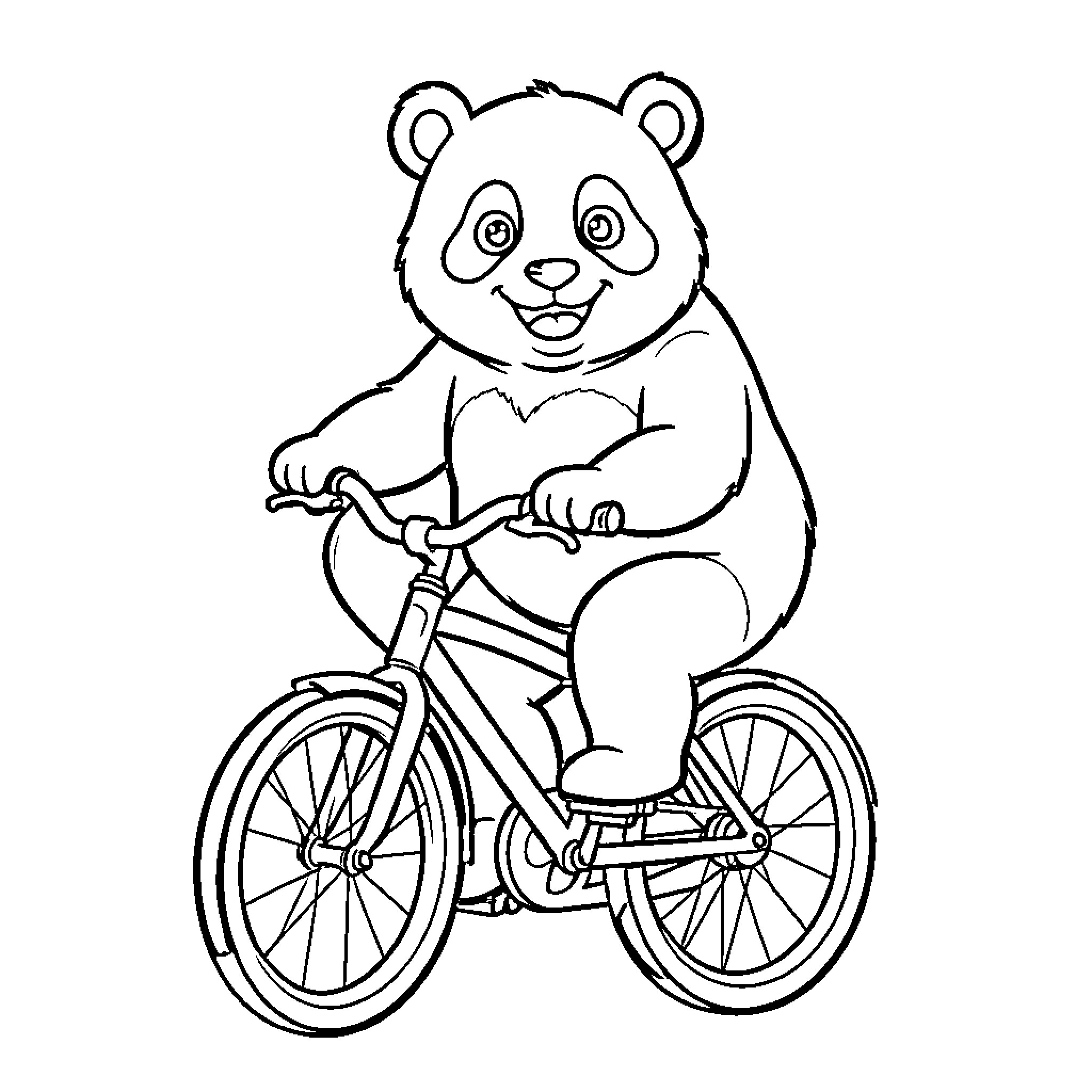 Panda riding a bicycle with a happy expression Coloring Page (free black-and-white line drawing printable PDF for all, from beginners to advanced learners, including children, teens, adults, and seniors)