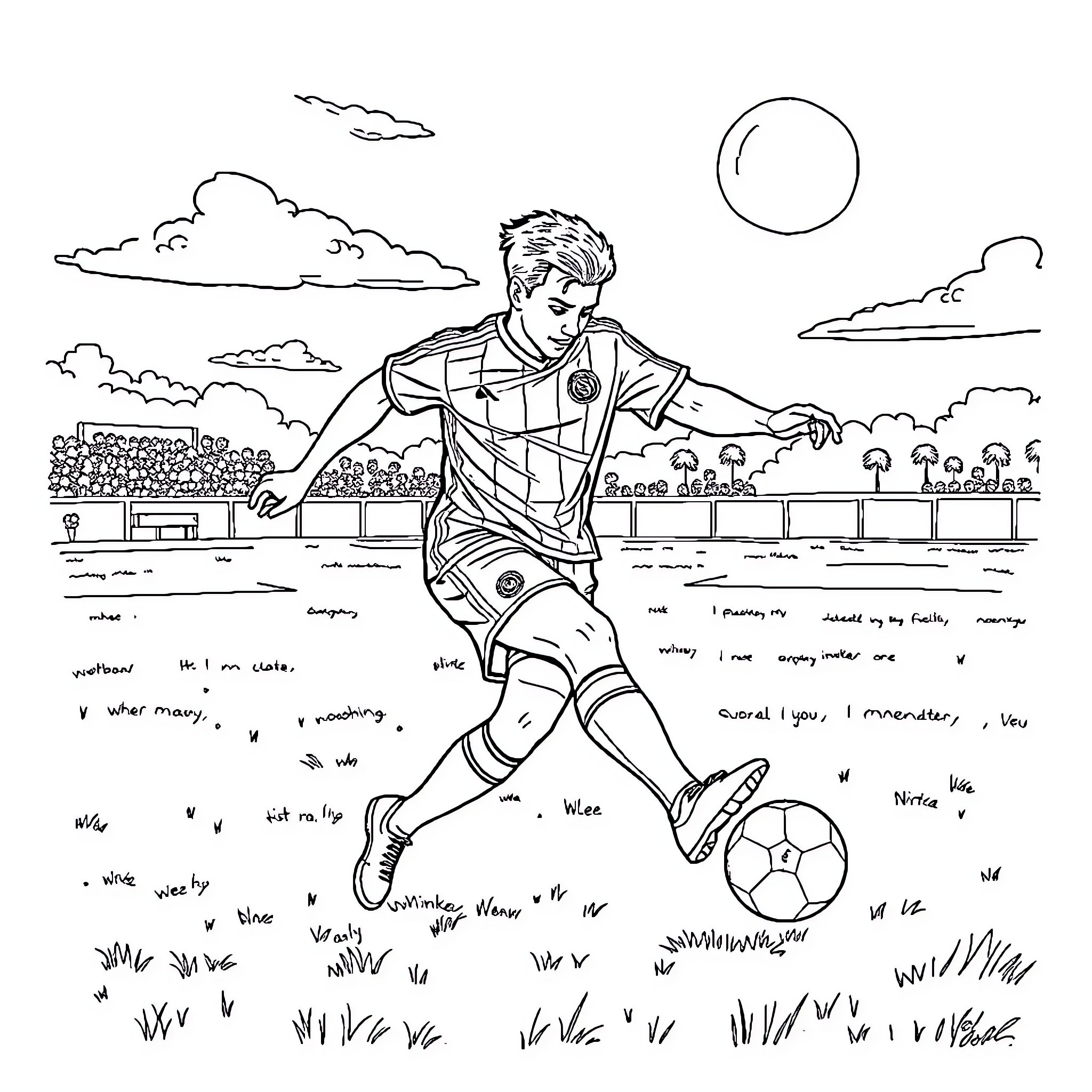 Yvng Fabii playing soccer on the field Coloring Page (free black-and-white line drawing printable PDF for all, from beginners to advanced learners, including children, teens, adults, and seniors)