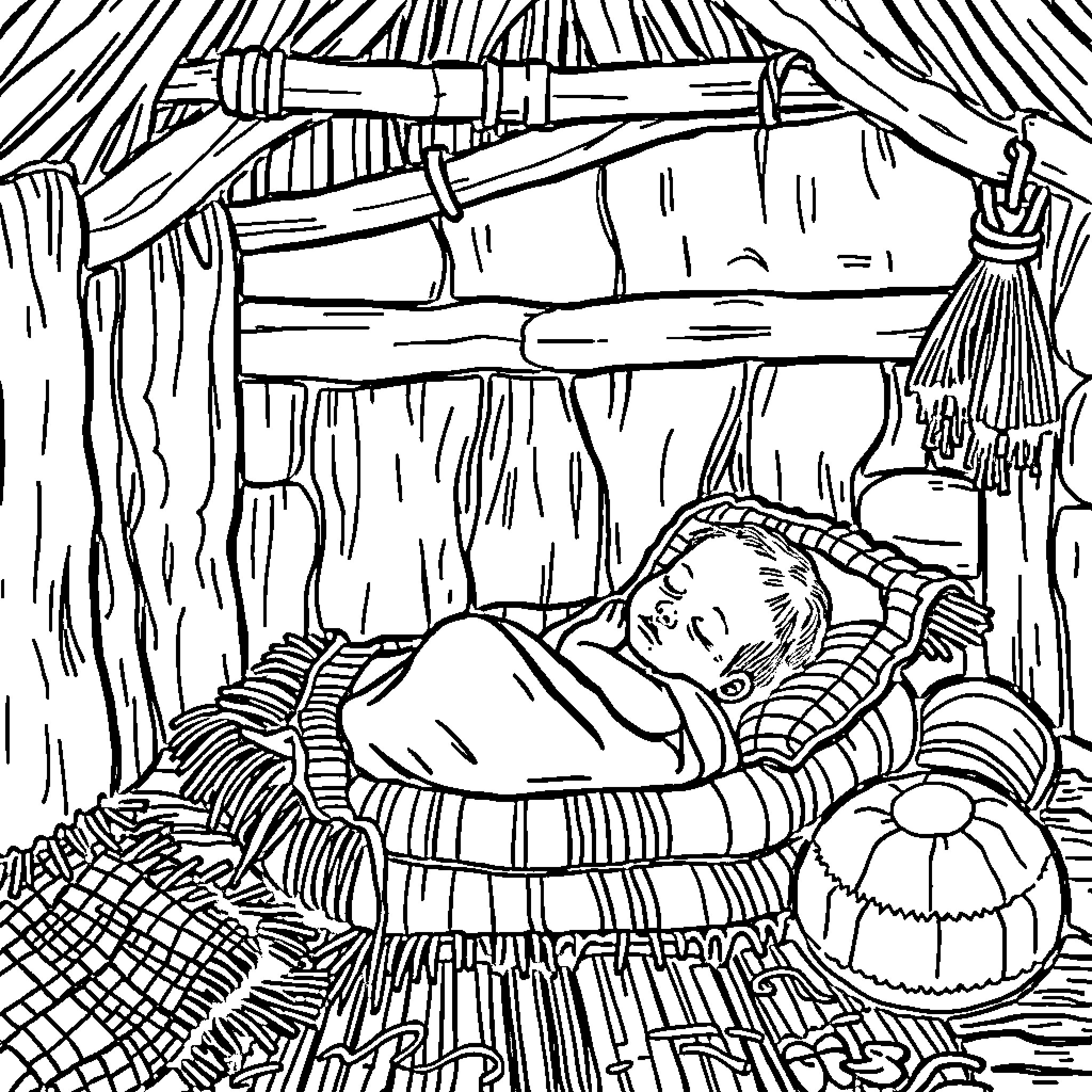 Baby sleeping peacefully in cozy bedding Coloring Page (free black-and-white line drawing printable PDF for all, from beginners to advanced learners, including children, teens, adults, and seniors)