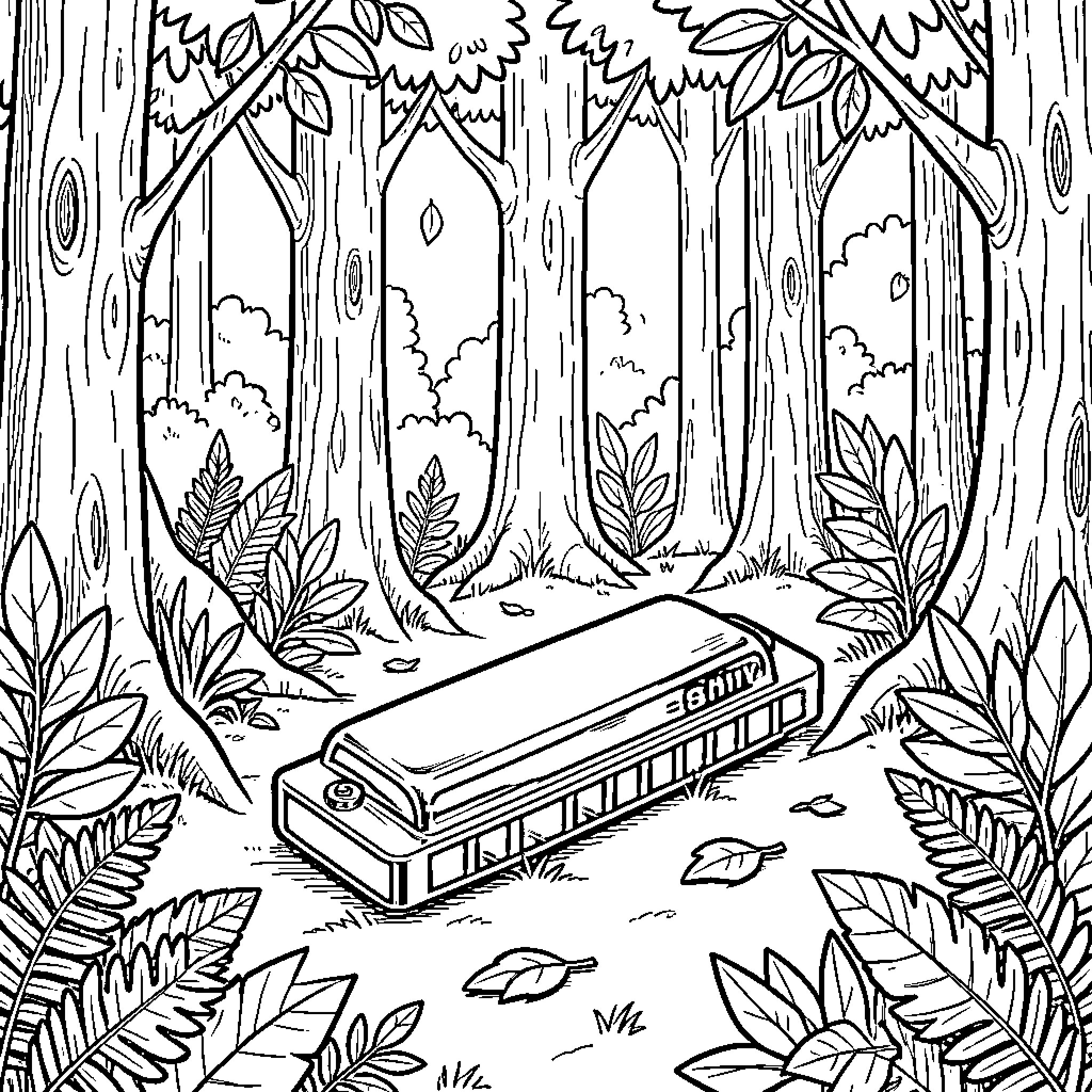 Harmonica in the Enchanting Forest Coloring Page (free black-and-white line drawing printable PDF for all, from beginners to advanced learners, including children, teens, adults, and seniors)