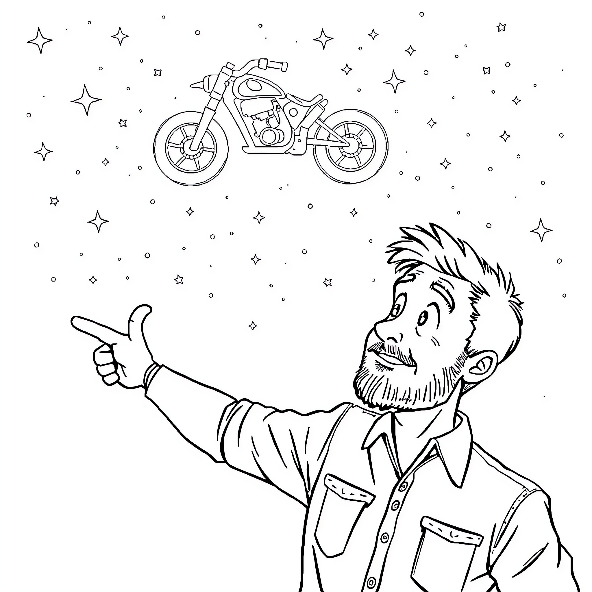 Man pointing at futuristic motorcycle in starry sky Coloring Page (free black-and-white line drawing printable PDF for all, from beginners to advanced learners, including children, teens, adults, and seniors)