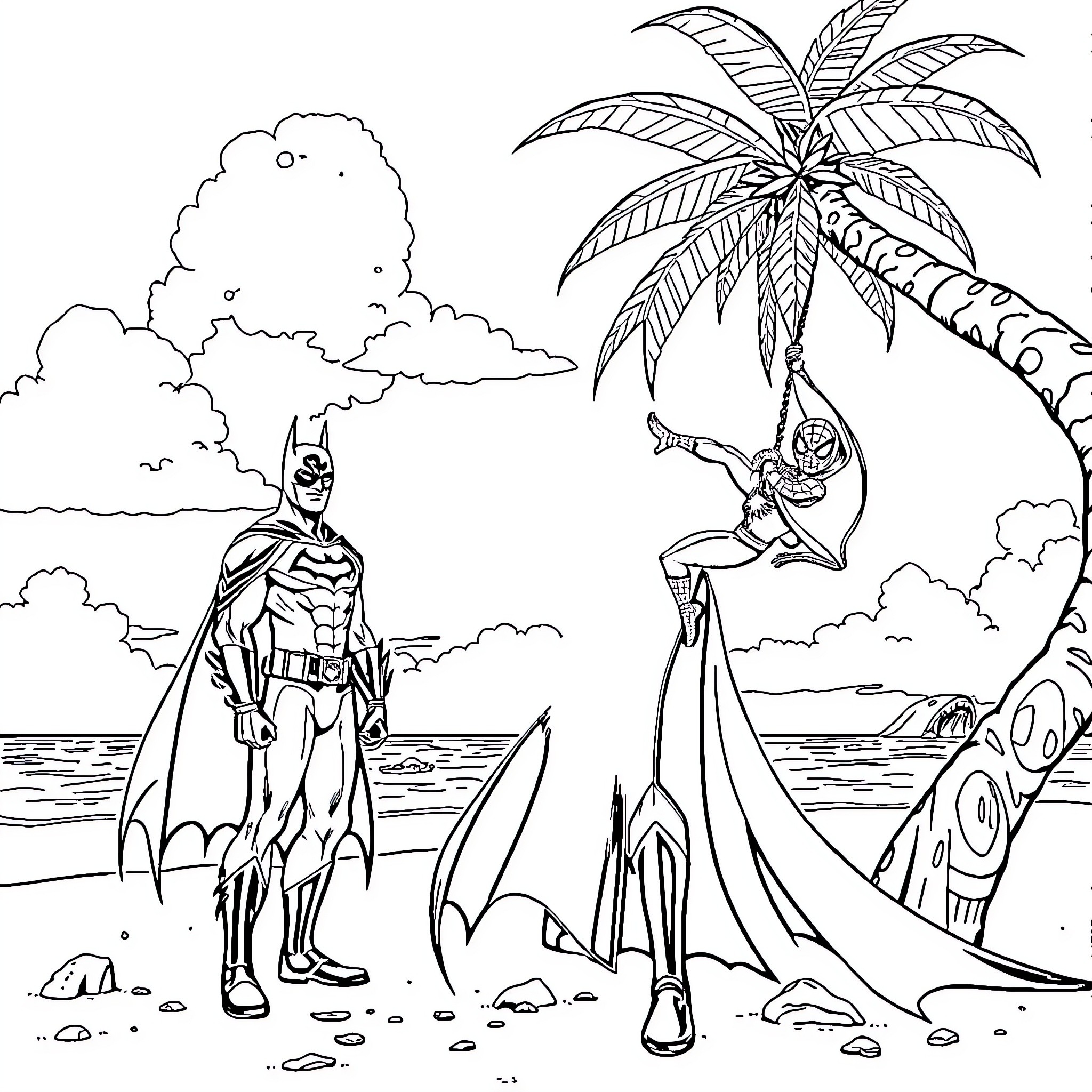 Batman and Sidekick Adventuring on the Beach Coloring Page (free black-and-white line drawing printable PDF for all, from beginners to advanced learners, including children, teens, adults, and seniors)