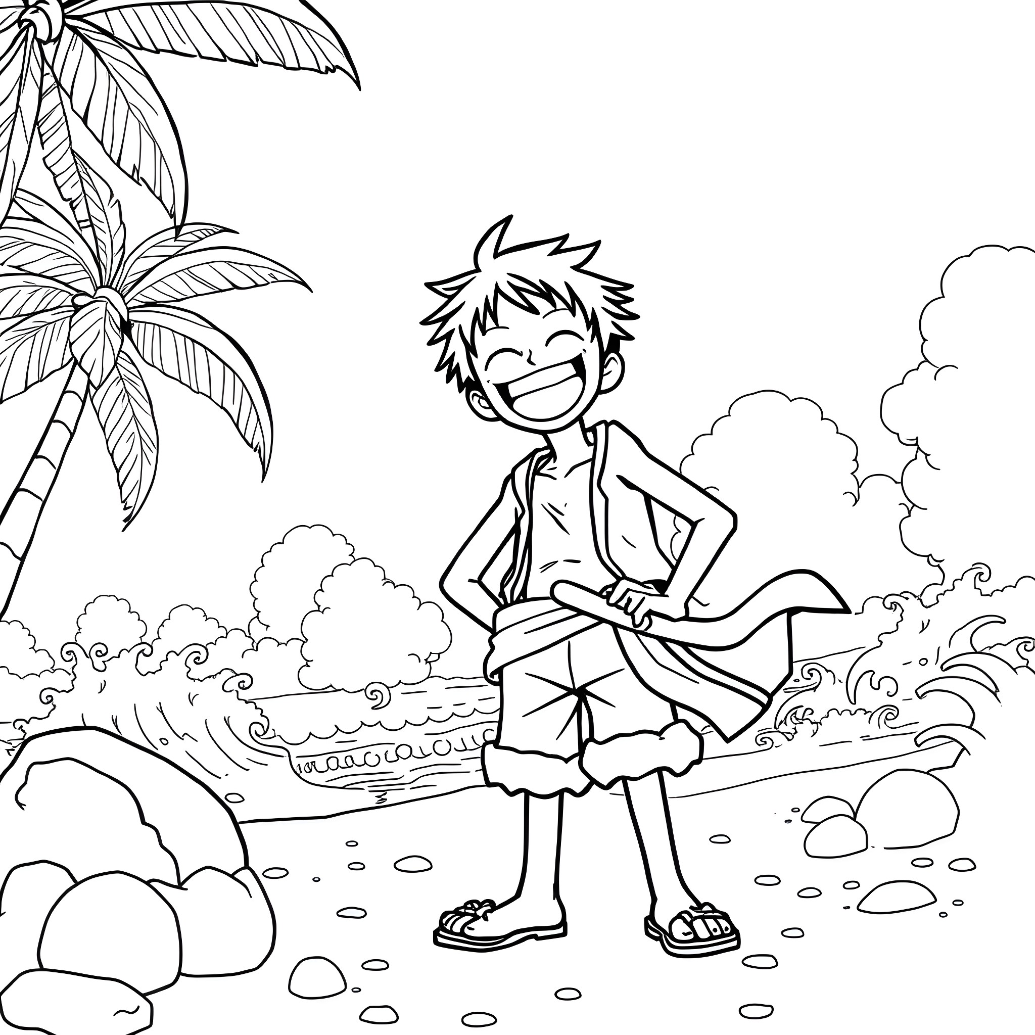 Luffy enjoying a tropical adventure Coloring Page (free black-and-white line drawing printable PDF for all, from beginners to advanced learners, including children, teens, adults, and seniors)