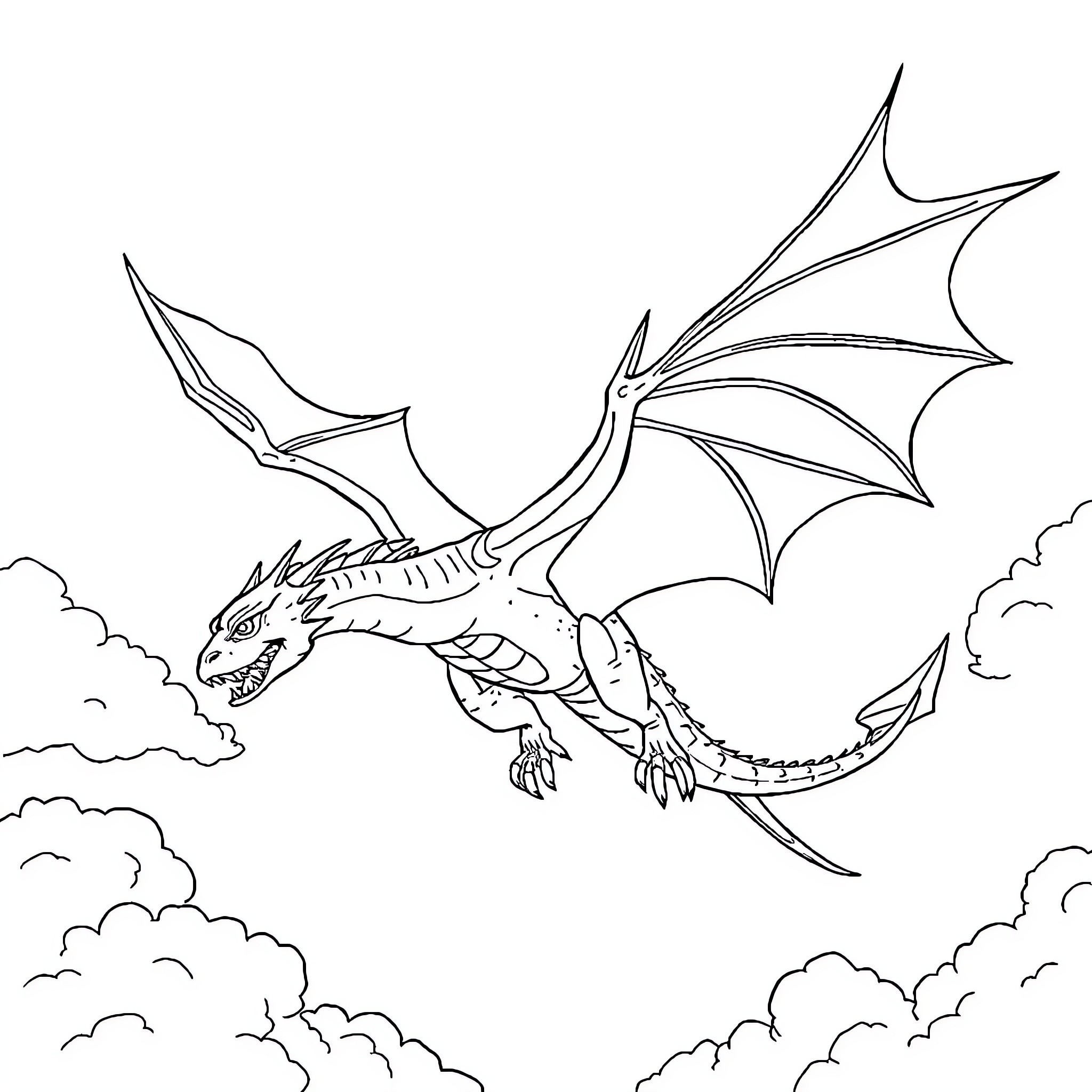 Flying Dragon Soaring Through Cloudy Skies Coloring Page (free black-and-white line drawing printable PDF for all, from beginners to advanced learners, including children, teens, adults, and seniors)