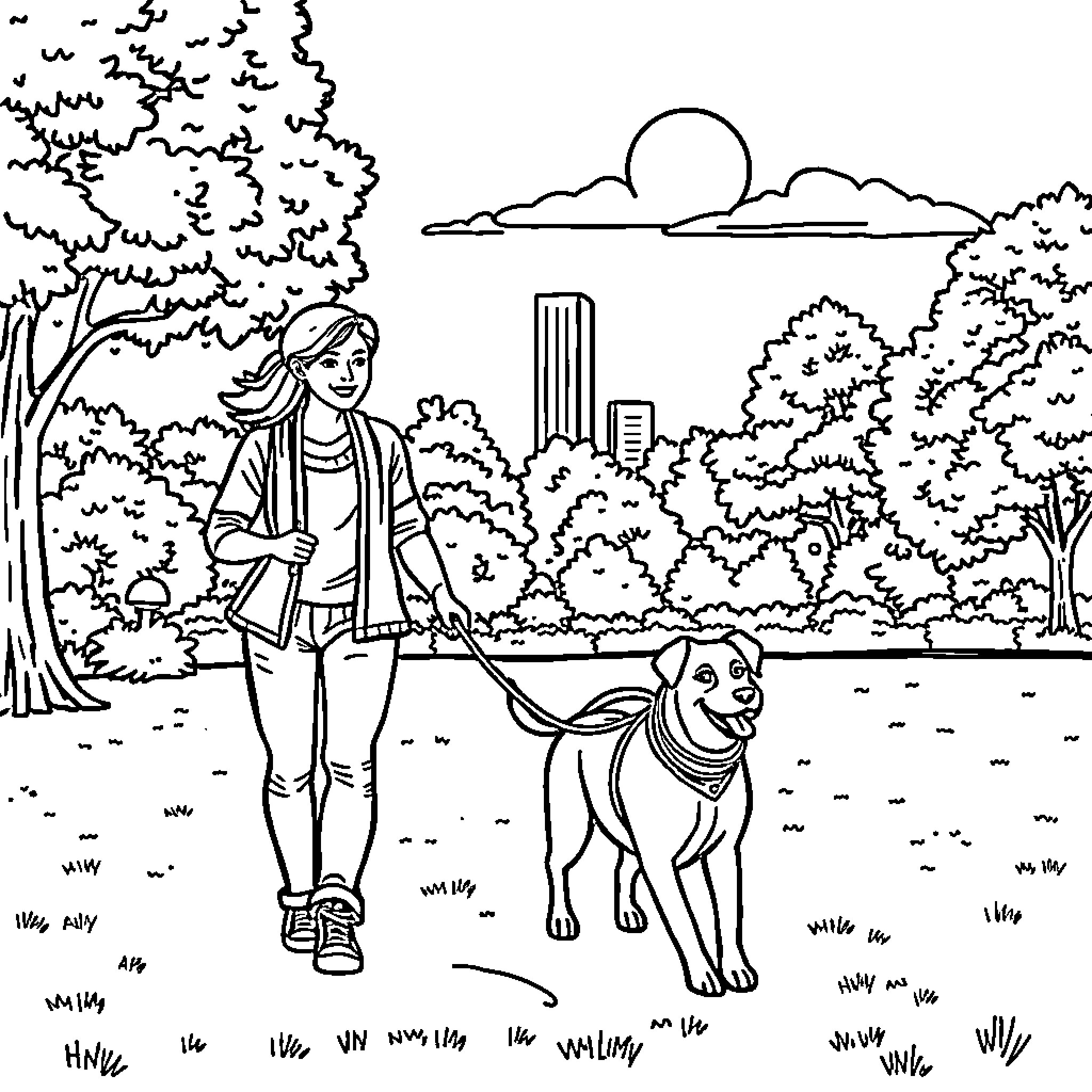 Dog taking a relaxing stroll with owner in scenic park Coloring Page (free black-and-white line drawing printable PDF for all, from beginners to advanced learners, including children, teens, adults, and seniors)