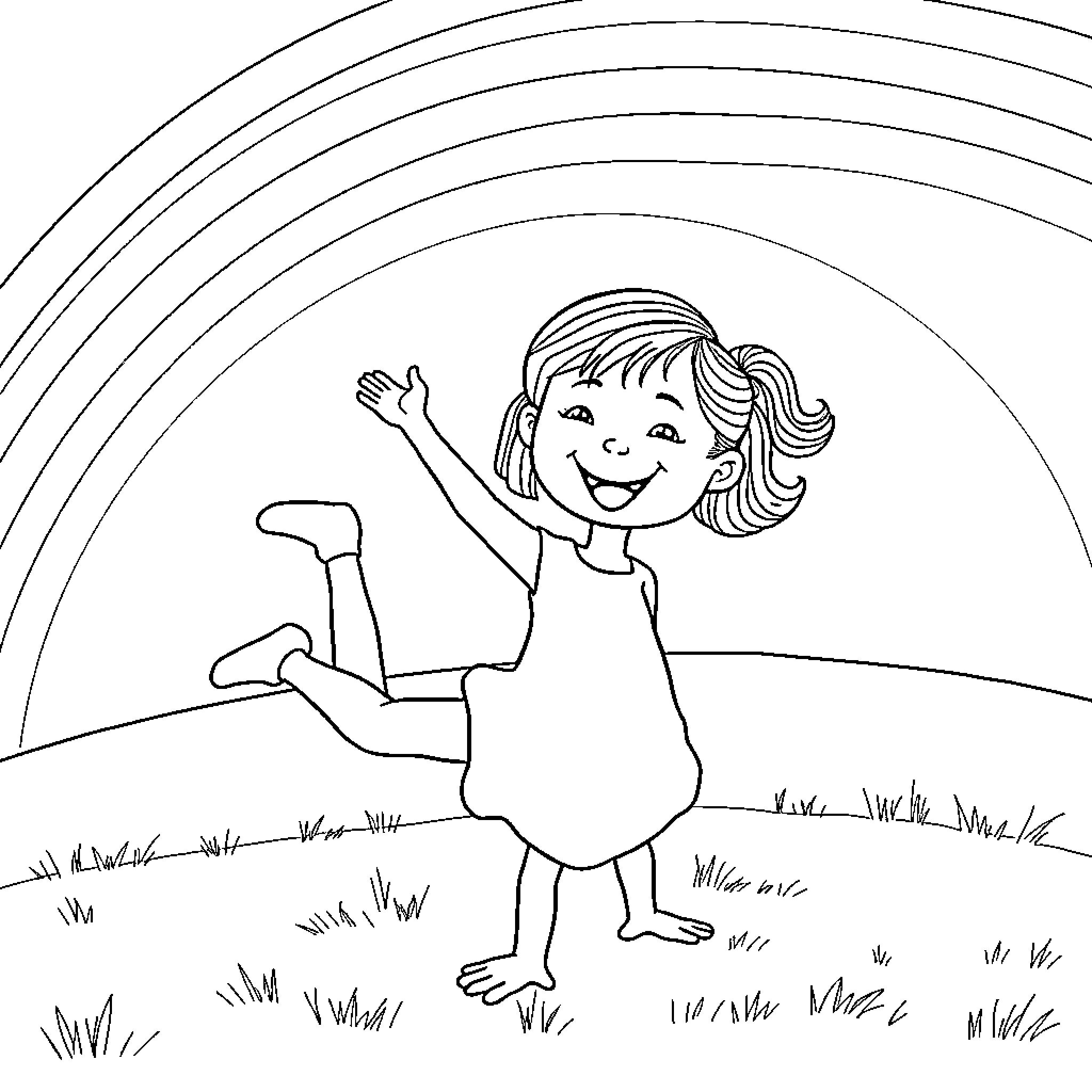 Girl happily waving in a grassy field Coloring Page (free black-and-white line drawing printable PDF for all, from beginners to advanced learners, including children, teens, adults, and seniors)